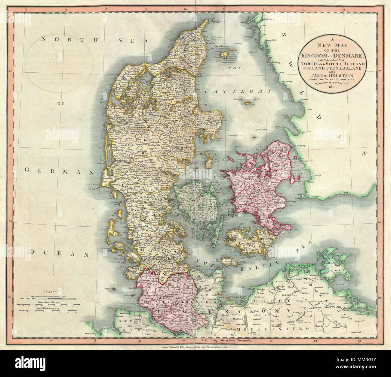 . Anglais : Un très joli exemple de John Cary's 1801 Carte du Danemark. Couvre l'ensemble du Jutland et les îles de Zélande, Fyen, Laaland. La plupart comprend également du Duché de Holstein et parties de Basse-Saxe et Schleswig-Holstein. Détail prodigieux propose et codage par couleur selon la région. Dans l'ensemble, l'un des plus intéressants et attrayants les cartes de l'atlas au Danemark d'apparaître dans les premières années du 19e siècle. Préparé en 1801 par John Cary pour émettre dans son magnifique 1808 Nouveau Atlas universel . Une nouvelle carte du Royaume de Danemark, de la compréhension et du Nord au Sud Jutland, Zeeland, Fyen, Laaland, Banque D'Images