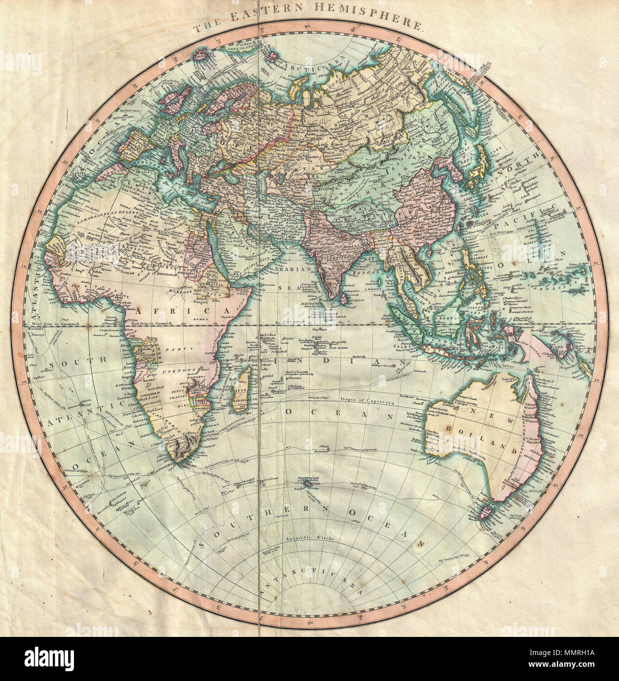 . Anglais : un très joli exemple de John Cary's 1801 spectaculaire carte de l'hémisphère oriental. Couvre la totalité de l'Europe, en Afrique et en Asie, avec l'Australie, l'Océan Indien et dans certaines parties de la Polynésie. L'Europe est adressé en fonction de début du 19ème siècle. L'Afrique, surtout marqué "Redemption" couvre une grande partie de la gauche de la carte. Des sentiers et des oasis caravane remplir le Sahara. Le Maroc, l'Égypte, Nubie et l'Abyssinie sont indiquées. Les cartes des colonies portugaises au Congo ainsi que leurs colonies naissantes en Afrique de l'Est, près de Madagascar. Ces, y compris le Royaume de Monomotapa ( Banque D'Images