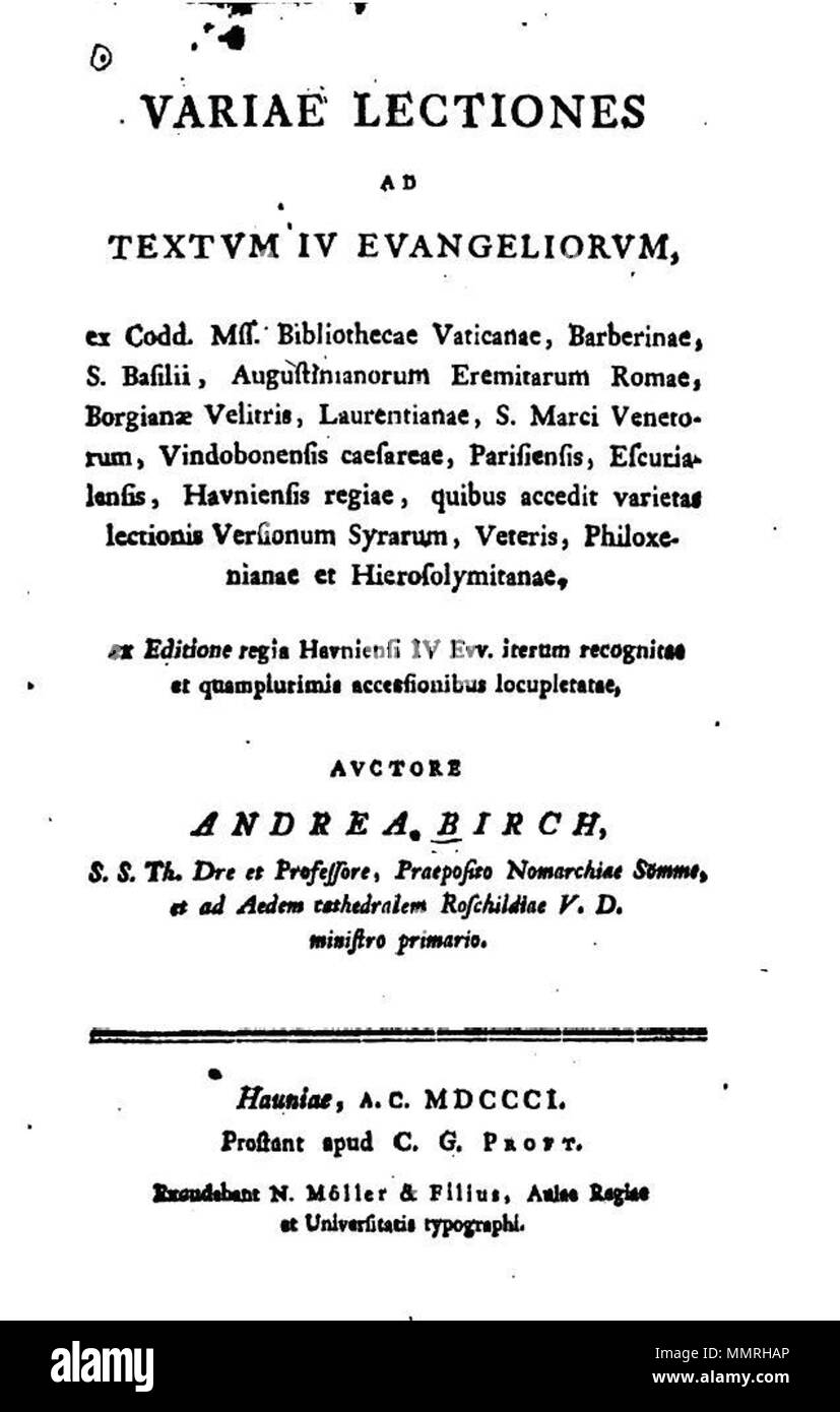 . Anglais : page de titre du livre . 1801. Andreas Bouleau Bouleau, variae lectiones ad Textum IV Evangeliorum Banque D'Images