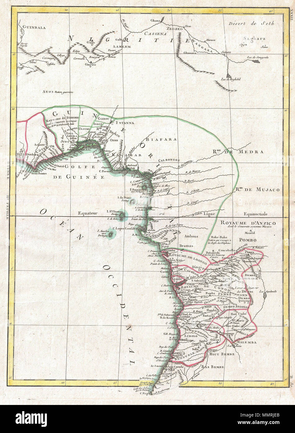 . Anglais : un bel exemple de Rigobert Bonne's 1770 carte de décoration d'Afrique de l'Ouest. Capots de la Gold Coast (Ghana) moderne, au sud autour du golfe du Bénin (Biafara) pour le Gabon, le Congo et l'Angola. Comprend les pays modernes du Ghana, Togo, Bénin, Nigeria, Cameroun, Guinée équatoriale, Gabon, Congo et l'Angola. Comme avec la plupart des cartes de l'Afrique, cette carte montre excellent Détail le long de la côte et à la spéculation sur l'intérieur. Donner des signes d'activités de cartographie belge partout au Congo. De nombreux noms de royaumes africains y compris, Mujaco Anzico, Bembe, Lubolo, Pemba, De Banque D'Images