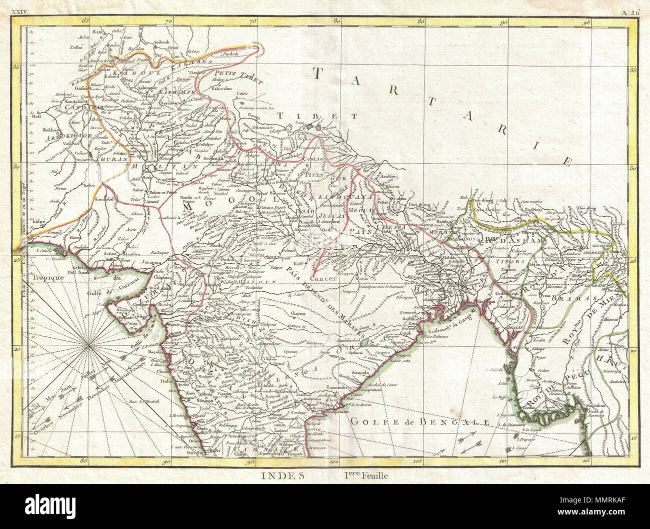 . Anglais : un bel exemple de Rigobert Bonne's 1770 carte décorative de l'Inde du nord. Couvre le sous-continent de l'est de Kandahar, en ce qui concerne la Birmanie (Pegu) et le sud de Goa, juste après. De nombreux noms de villes indiennes, les réseaux fluviaux et des mines. Des loxodromies apparaissent dans les zones nautique. Les flèches dans le coin inférieur gauche et inférieur droit indiquent la direction des vents pendant la saison sèche et la mousson. Dessiné par R. Bonne en 1770 pour cause comme la planche no Un 26 en Jean Lattre's 1776 Question de l'Atlas moderne . Indes iere. Feuille.. 1770 (sans date). 1770 Bonne carte de l'Inde du Nord, la Birmanie a Banque D'Images