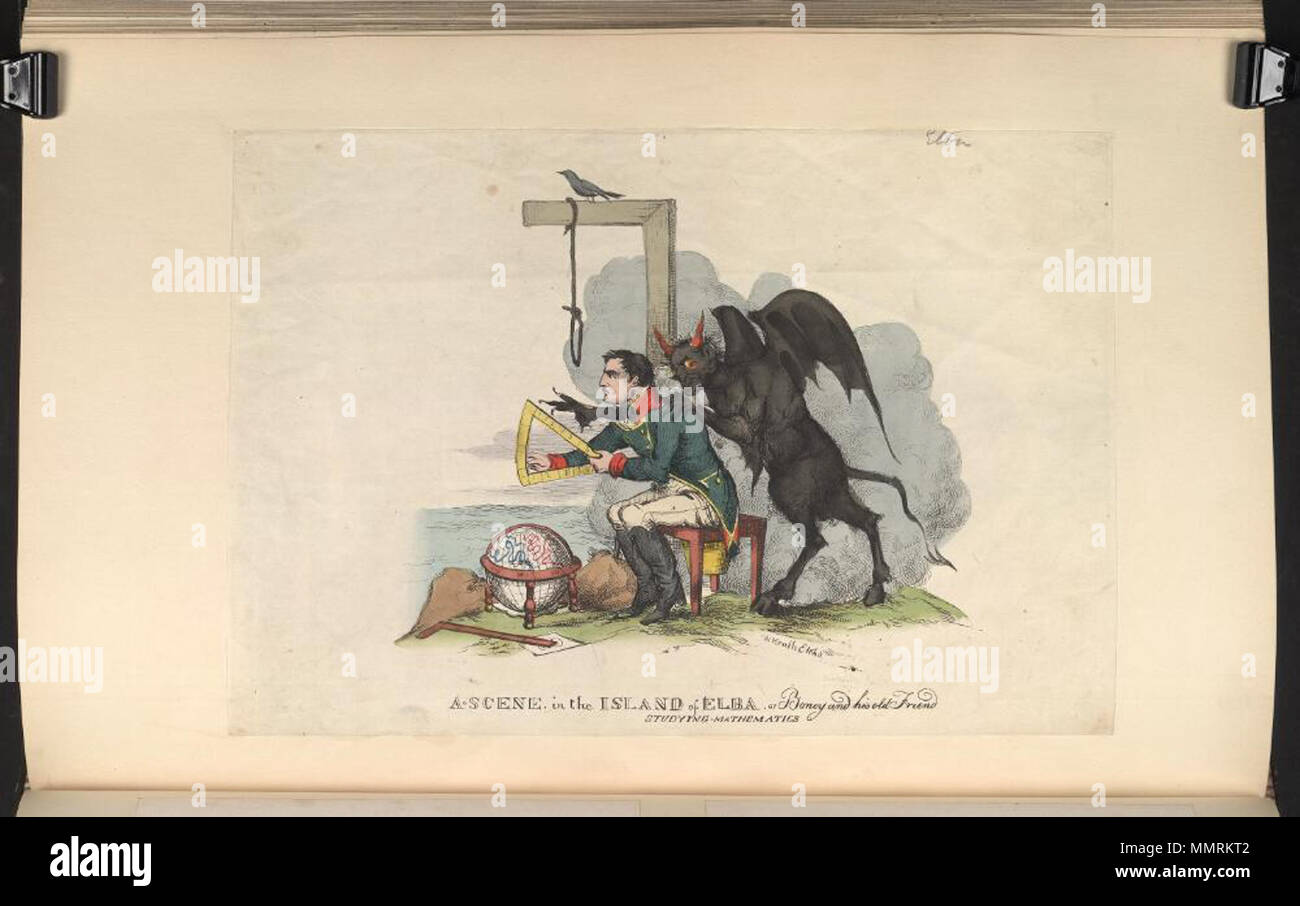 . La satire de l'exil de Napoléon à l'île d'Elbe. (La caricature politique) d'une scène sur l'île d'Elbe, ou : Boney et son vieil ami l'étude des mathématiques. 1815. Les bibliothèques Bodleian, une scène sur l'île d'Elbe, ou- Boney et son vieil ami l'étude des mathématiques Banque D'Images