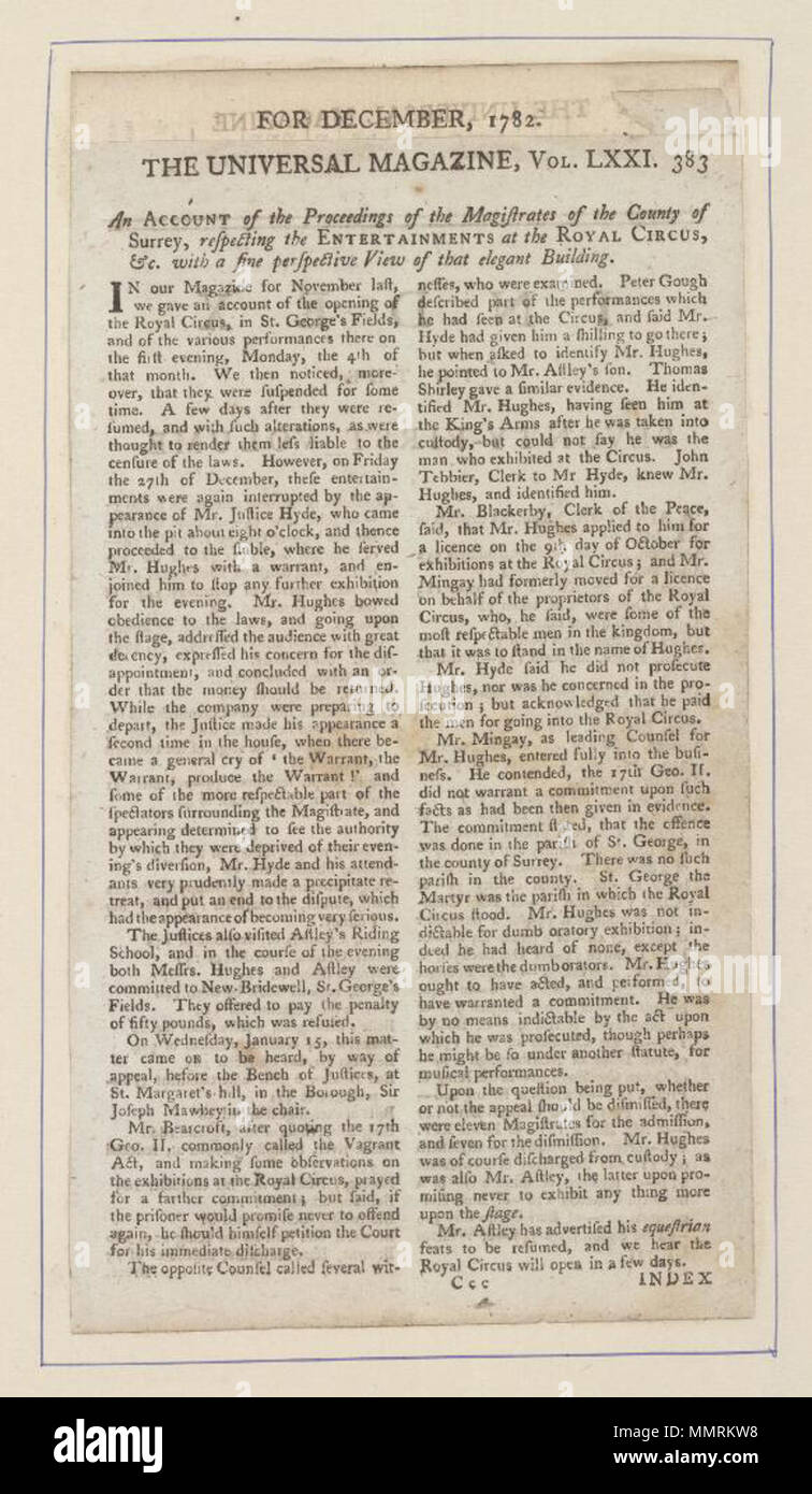 . Compte de la procédure concernant l'appel de Royal Circus ; [droit d'exécuter] avant le banc des juges ; Astley's Riding School ; Compte rendu des travaux des magistrats du comté de Surrey, respectant les divertissements au Royal Circus, &c, avec une belle vue en perspective de cet élégant bâtiment Compte rendu des débats des magistrats du comté de Surrey, respectant les divertissements au Royal Circus, &c, avec une belle vue en perspective de cet élégant bâtiment. Décembre 1782. Saint Margaret's Hall ([] Surrey, Angleterre) [Auteur] Bibliothèques Bodleian, Compte de t Banque D'Images