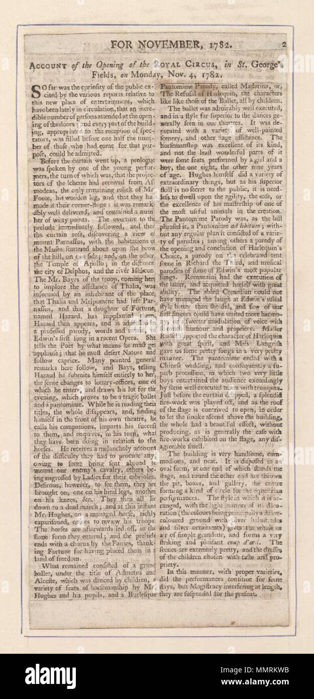 . Newscutting relatives à l'ouverture du Royal Circus le lundi, 4 novembre 1782 ; Royal Circus ; Admetus et Alceste ; Diversité des exploits de horsemanship ; Madarina, ou le refus d'Arlequins ; rendre compte de l'ouverture du Royal Circus, à Saint George's Fields, le lundi, Novembre 4, 1782 Compte de l'ouverture du Royal Circus, à Saint George's Fields, le lundi, Novembre 4, 1782. 1782-11-04-. Cirque royal ([Paris], en Angleterre) [Auteur] Bibliothèques Bodleian, compte de l'ouverture du Royal Circus, à Saint George's Fields, le lundi, Novembre 4, 1782 Banque D'Images