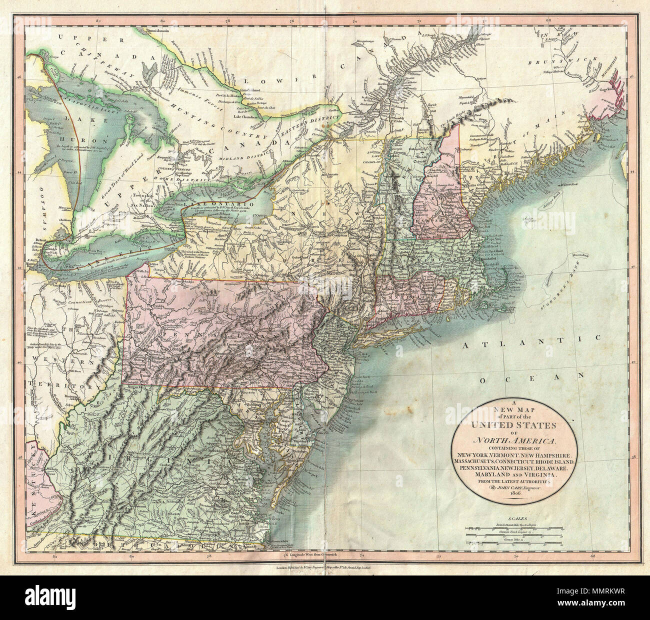 . Anglais : Publié par John Cary en 1806, c'est l'une des plus intéressantes de cartes de l'atlas le nord-est des États-Unis à apparaître au début du 19e siècle. Couvre le sud du lac Huron jusqu'en Virginie et en Caroline du nord et vers l'Est jusqu'à l'océan Atlantique. Comprend les états du Maine, New Hampshire, New York, Vermont, Massachusetts, Connecticut, Rhode Island, Connecticut, New Jersey, Maryland, Delaware, Virginie, Virginie de l'Ouest et de l'Ohio ainsi que certaines parties de l'Ontario et du Québec. La partie la plus intéressante de cette carte est le nord-ouest qui est dédié t Banque D'Images