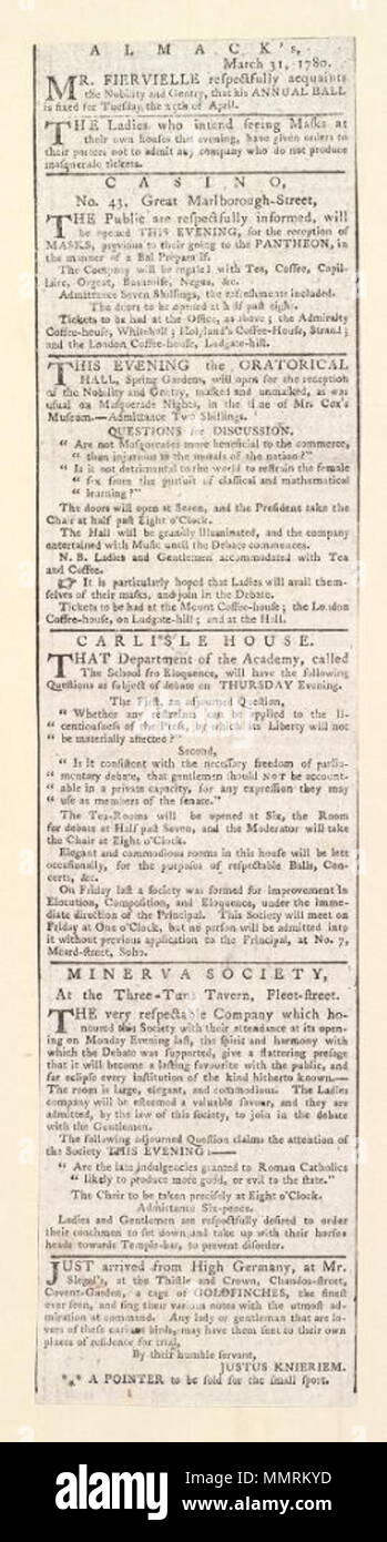 . Newscutting concernant différents divertissements ; divers événements annoncés sur un projet de loi ; Rapport annuel de balle ; Casino ; Hall ; la société Minerva oratoires ; cage de chardonnerets ; Casino ; ce soir, le talent oratoire, la société Gardnes Printemps, sera ouvert pour la réception de la noblesse et gentry ; Carlisle House ; la société Minerva ; tout juste arrivé d'Allemagne, à M. Slegel's, au Thistle et couronne... une cage de chardonnerets... ; Almack's. 31 mars 1780 Almack's. Le 31 mars 1780. Le 31 mars 1780. [Auteur] Le Casino Hall oratoires [Auteur] Carlisle House [Auteur] Chardon et couronne ([Paris], en Angleterre) [Auteur] Banque D'Images