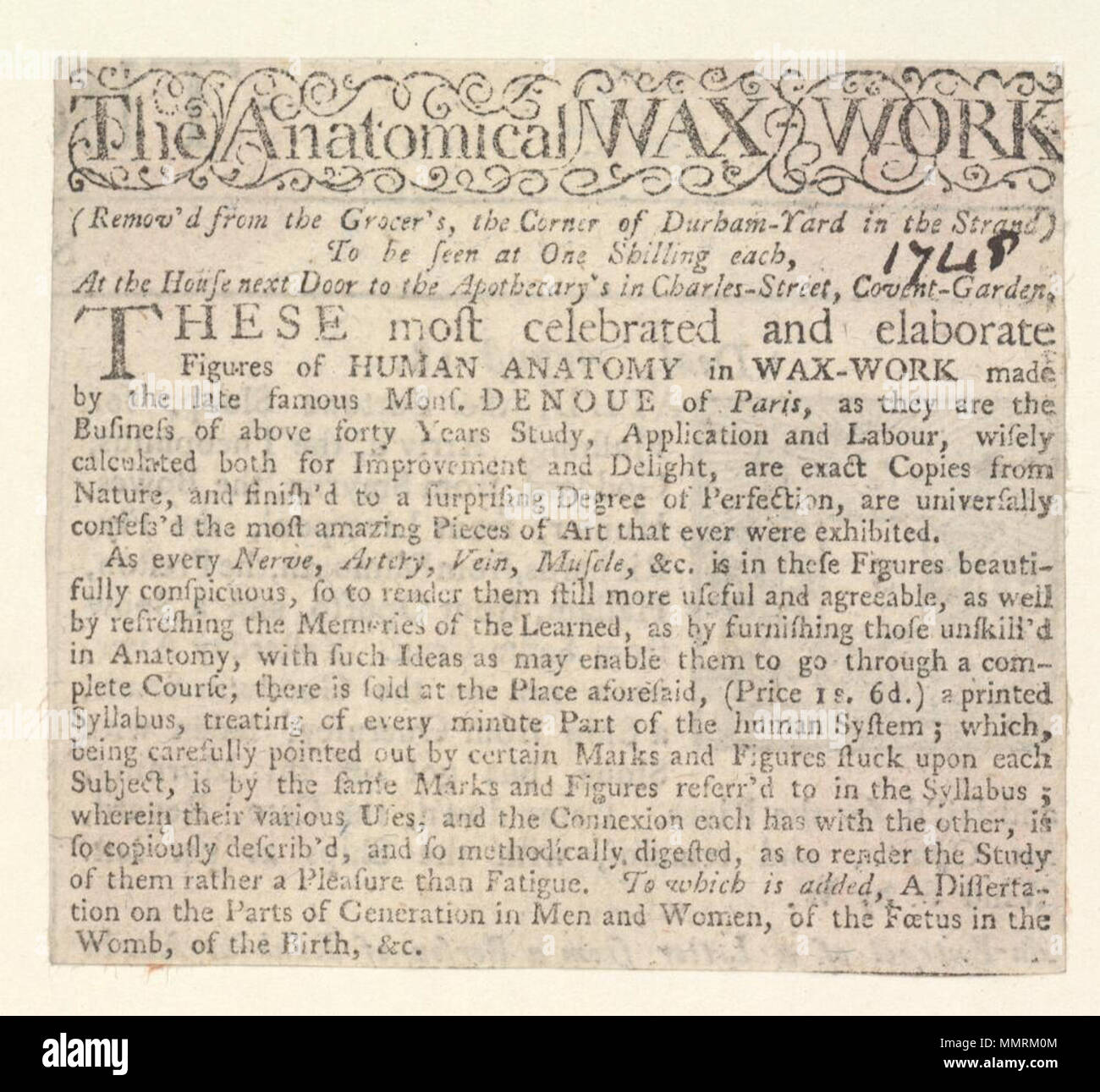 . Newscutting relatives à la chambre d'à côté de l'apothicaire, annonçant la cire anatomique ; "Retiré de l'épicerie, à l'angle de Durham-cour, dans le Strand' ; 1748 (manuscrit) ; cire cire anatomique anatomique ; travail travail cire anatomique. 1748. Les bibliothèques Bodleian, travail cire anatomique Banque D'Images