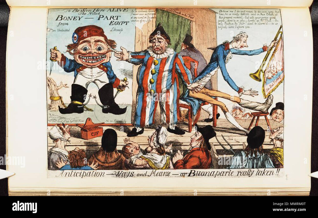 . Caricature de Napoléon I.(La caricature politique ) ; une monstrueuse figure appelée Boney-partie s'affiche comme un objet d'attraction à la foire. Fox est le clown triste montrant le général français capturés, et Pitt, avec sa jambe bandée, goutteuse est titulaire d'une trompette et une bannière inscrit John Bull fumisterie'd. Une foule de yokels gawps au monstre. Prévision -- les moyens -- ou : Buonaparte réellement pris. 13 août 1798. Les bibliothèques Bodleian, d'anticipation ou de voies et moyens- Buonaparte réellement pris Banque D'Images