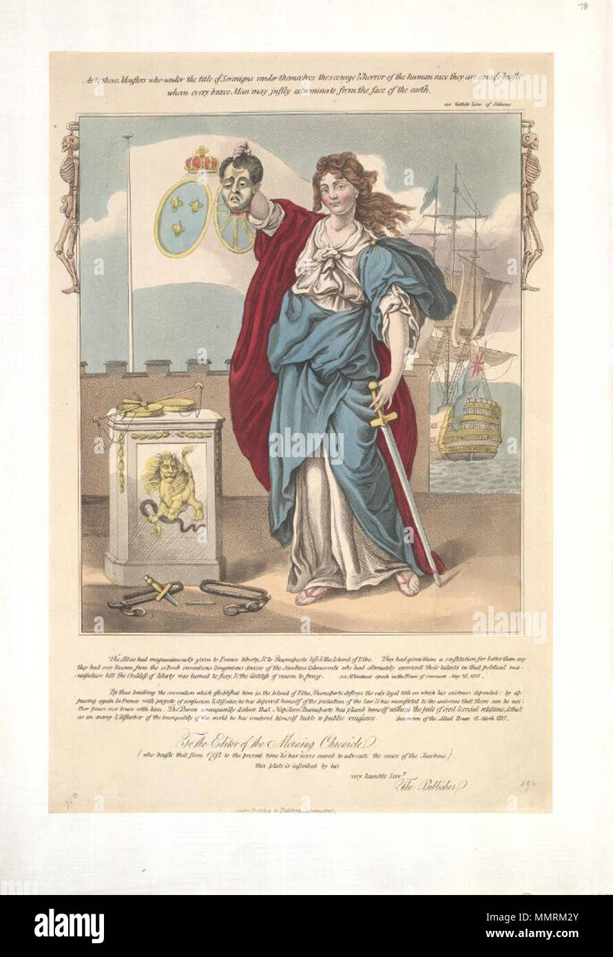 . Caricature de Napoléon I. (British caricature politique) ; Justice gêne la tête coupée de Napoléon, en face d'un drapeau portant les emblèmes de Bourbon et une couronne. Dans l'arrière-plan le navire Bellerophon peut être vu prendre Napoléon à l'île d'Elbe. Un commentaire sur la duplicité de Napoléon à s'évader de l'exil et le retour à la bataille de Waterloo. ; timbres d'abeilles qu'à celles des monstres qui sous le titre de souverains sont le fléau et l'horreur de la race humaine qu'ils sont bêtes sauvages. [1815]. Les bibliothèques Bodleian, qu'à celles des monstres qui sous le titre de souverains sont le fléau horro Banque D'Images