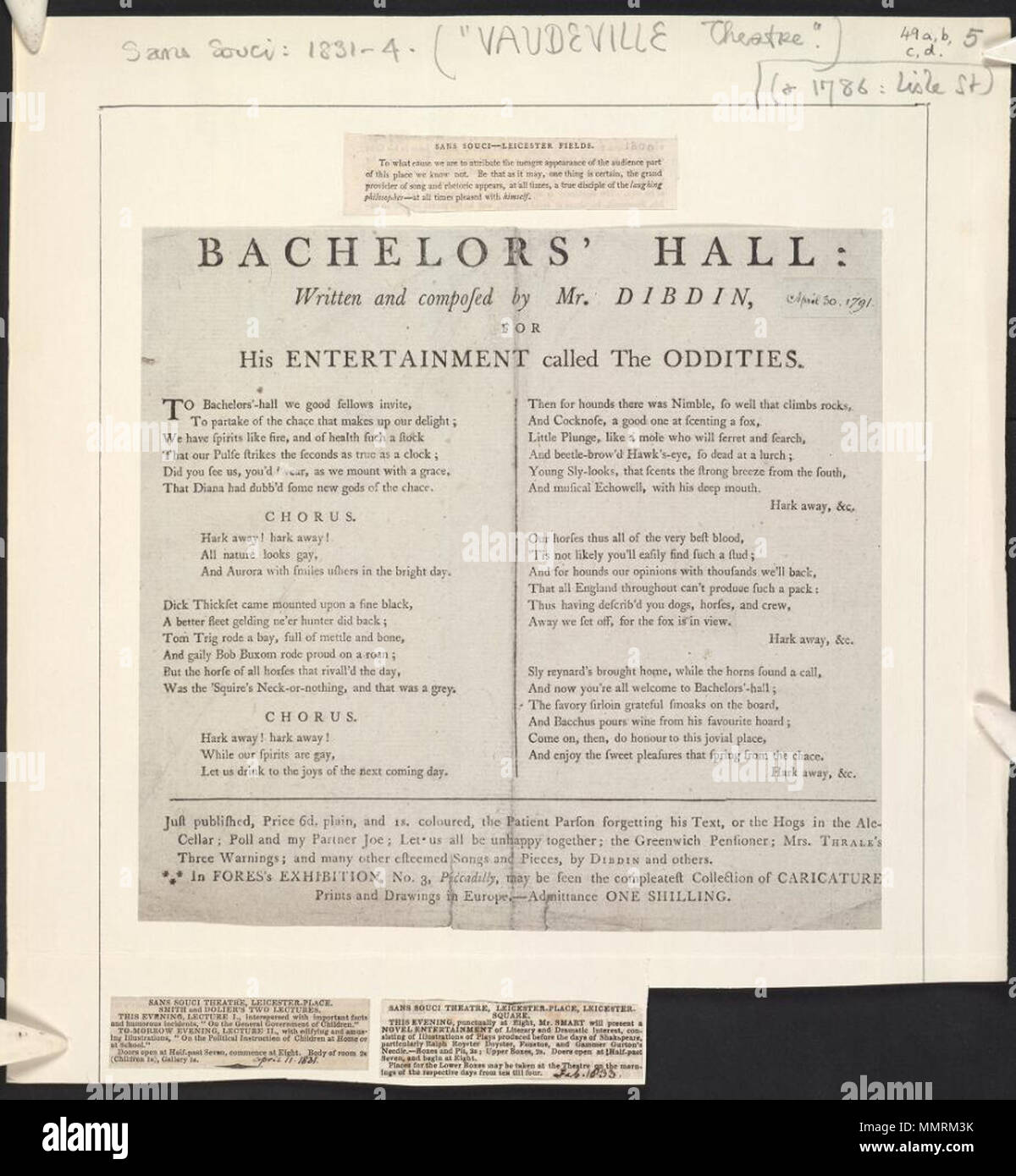 . Publicité de Sadler's Wells Theatre, le 30 avril 1791, annonçant l'étrangeté ; publication inclus pour le livre de chansons de Dibdin et autres (voir les variantes de titre). 'Vient de paraître, le prix ordinaire, 6d et 1s de couleur, le patient Parson oublier son texte, ou les porcs à l'ale-cave... ; bizarreries ; Fores' Exhibition ; Patient Parson oublier son texte, ou les porcs à l'ale-cave ; Sondage et mon partenaire Joe ; nous devons tous être malheureux ensemble ; Greenwich pensionné ; Mme Thrale's trois avertissements ; bien d'autres chansons et pièces, par Dibdin et autres ; Baccalauréat Hall : écrit et composé par M. Dibdi Banque D'Images