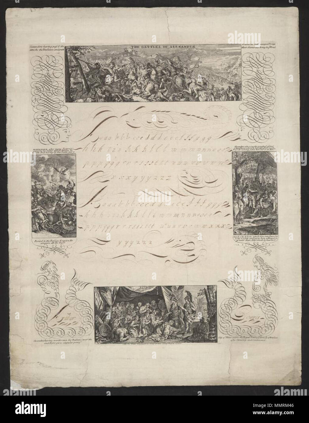 . Vierge d'écriture intitulé Les batailles d'Alexandre ; Alexandre avoir pass'd le Granique avec des forces inégales attaque les Perses et les putts leurs nombreux armée pour vous ; rout Alexander après de nombreuses victoires gaind par son courage bat Darius à Érié. Et avoir par cette bataille mettre un point à l'Empire perse il conquiert tout l'Orient ; Alexander admirant la grandeur d'âme du roi Porus qu'il avait défait et fait prisonnier... ; Alexander avoir renversé les Perses près de la ville d'issus entre dans la tente royale de ye famille de Darius et il donne une preuve de son singulier et clémence continenc Banque D'Images