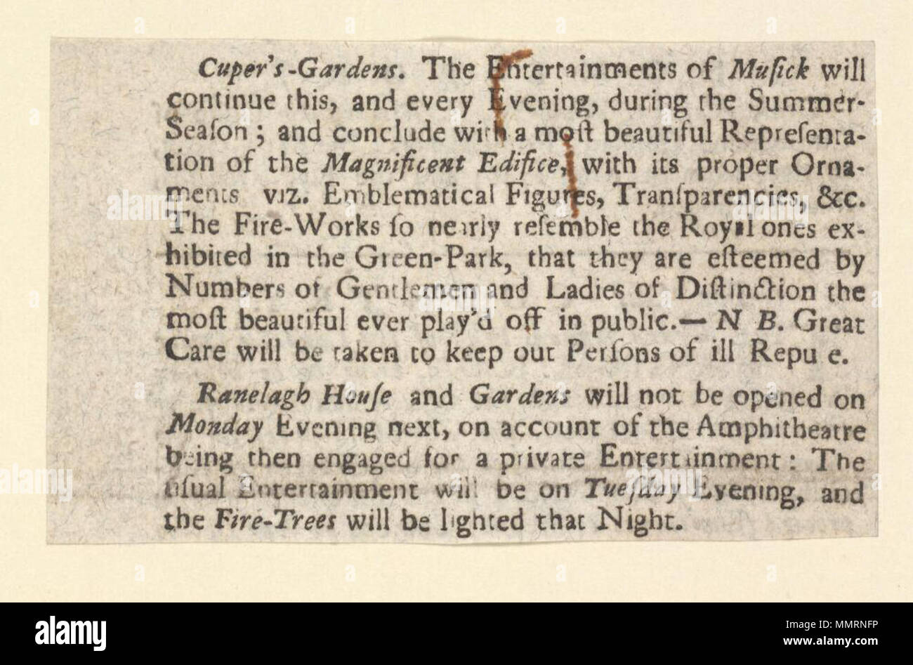 . Newscutting relatives à Cuper's Gardens ; Représentation du magnifique édifice ; fire-works ; Ranelagh House et jardins ; Cuper's gardens Cuper's gardens Bibliothèques Bodleian, Cuper's gardens Banque D'Images