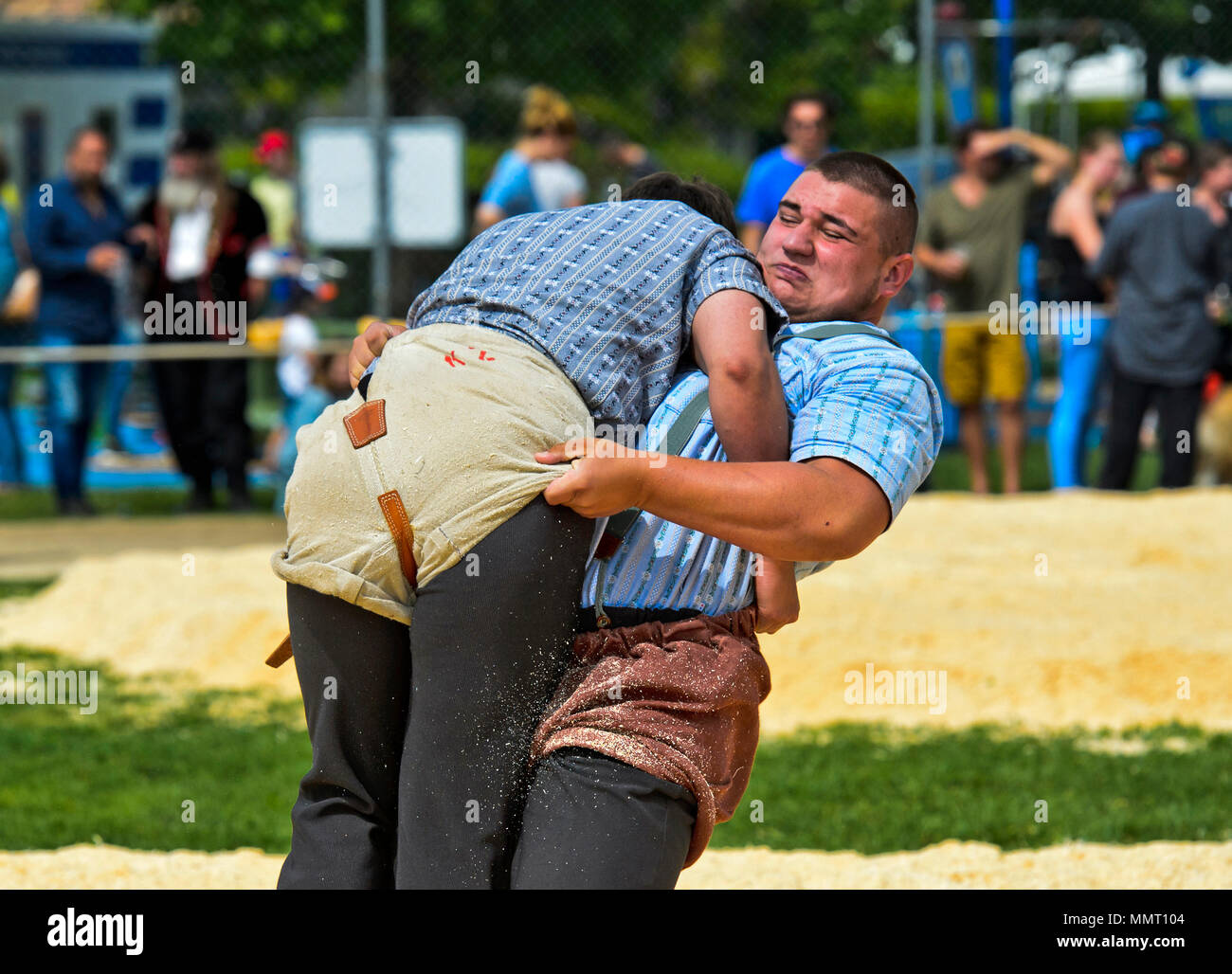 Genève, Genève, Suisse. 12 mai 2015. Lutteurs suisse combats dans sciure ring, 19e festival de lutte suisse du canton de Genève, Genève, Genève, Suisse. Crédit : Collection GFC/Alamy Live News Banque D'Images