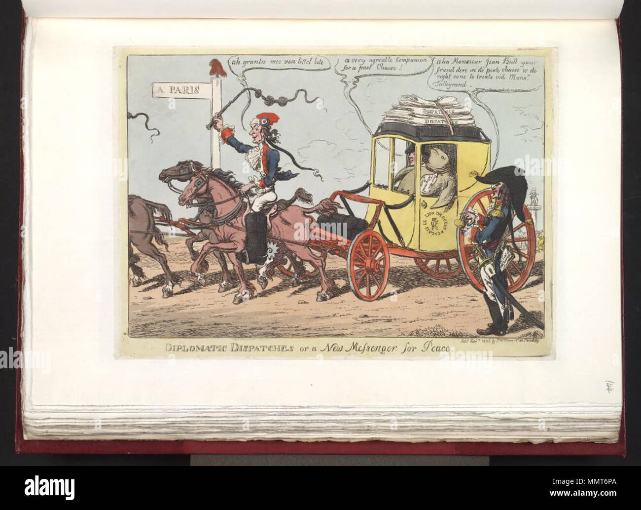 . Satire sur les guerres napoléoniennes. (La caricature politique) ; sur les négociations de paix en 1806. Le messager de la Grande-Bretagne voyage dans un autocar transportant des dépêches diplomatiques et le don d'une tortue pour Talleyrand. Dans l'arrière-plan peut être vu une colonne, la colonne Vendôme, surmontée d'une statue de Napoléon. Dépêches diplomatiques ou : un nouveau Messenger pour la paix. Septembre 1806. Les bibliothèques Bodleian, dépêches ou diplomatique- un nouveau Messenger pour la paix Banque D'Images