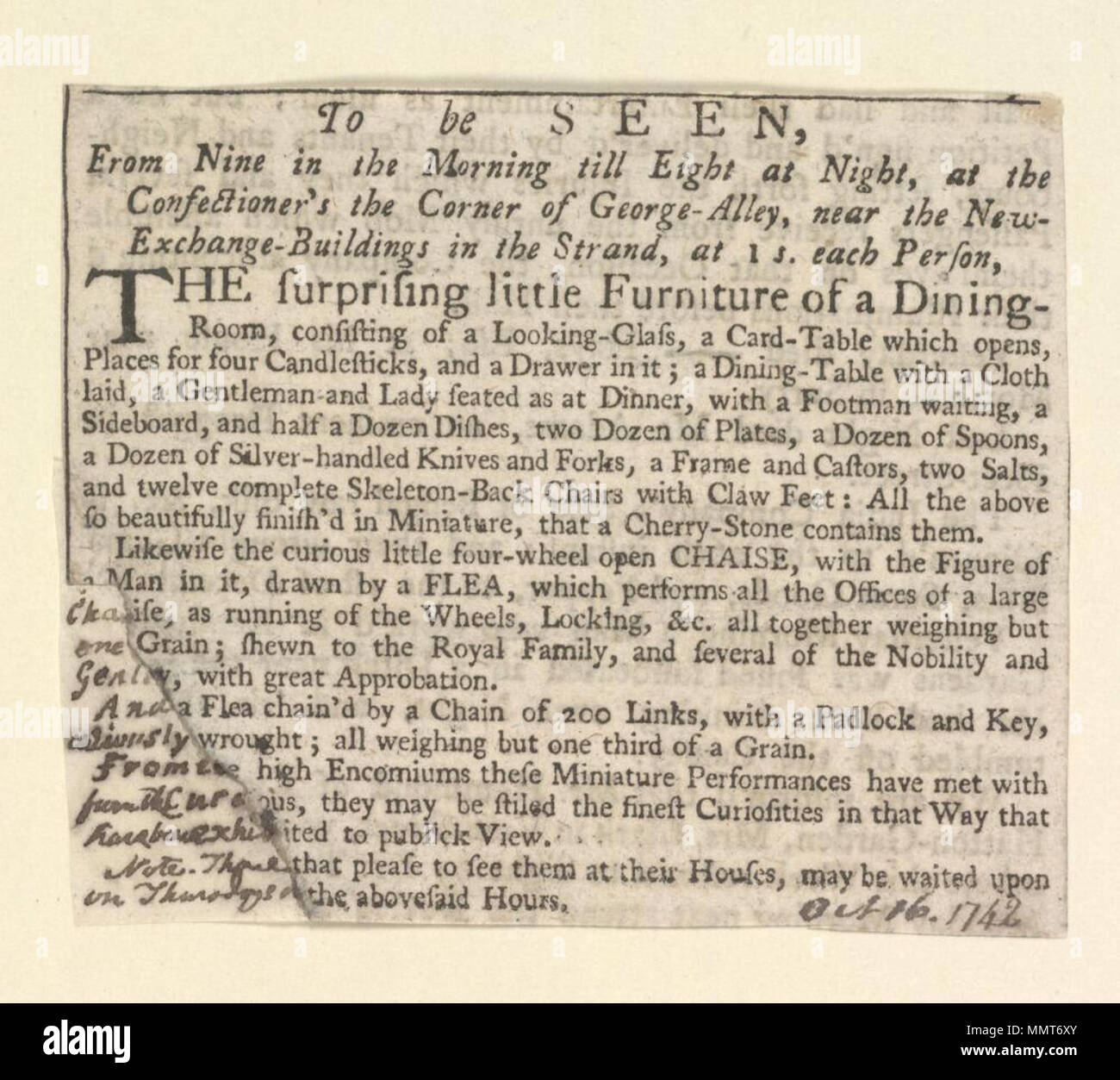 . Newscutting concernant la diffusion d'objets et de mobilier miniature à M. Boverick ; 1785, l'horloger (manuscrit) ; peu de meubles de salle à manger ; Landau, qui s'ouvre et se ferme par des ressorts ; Curieux petit quatre roues ouvrir chaise... dessiné par une puce, puce, enchaîné par une chaîne de deux cent liens... ; chameau qui passe à travers l'œil fo un pays de taille moyenne ; l'aiguille en acier paire de curieux scissars ; [Exposition de meubles et objets miniatures à M. Boverick's, horloger ] [Exposition de meubles et objets miniatures à M. Boverick's, horloger ]. 1785. Boverick, M., horloger [auteur Banque D'Images