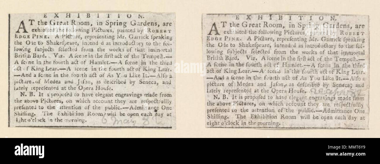 . Newscutting concernant une exposition de photos portant sur les pièces de Shakespeare ; Photo, représentant M. Garrick parlant l'ode à Shakespeare, destiné comme introduction aux sujets suivants choisis parmi les oeuvres de que la barde immortel ; Scène de la tempête, scène d'Hamlet ; scène dans le troisième acte du Roi Lear ; scène dans le quatrième acte d'comme vous l'aimez ; photo de Médée et Jason, comme inscrit par Sénèque ; Exposition Exposition. 22 avril 1782. Les bibliothèques Bodleian, Exposition Banque D'Images