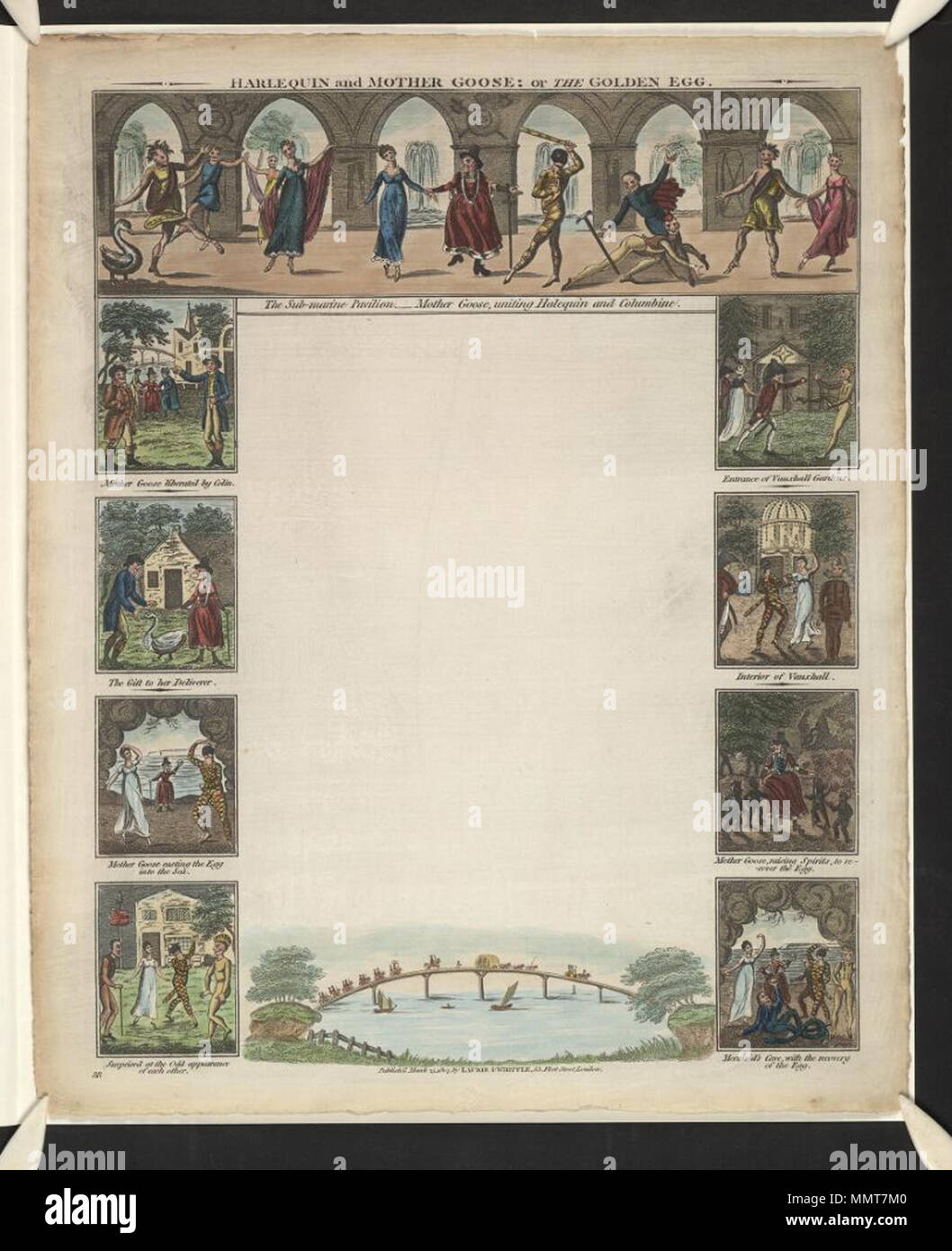 . L'écriture de 1807 vierge intitulé arlequin et la mère l'OIE ; ou l'œuf d'or ; sous-marine pavilion - La mère l'Oie unissant Halequin [sic] et Columbine ; la mère l'Oie libéré par Colin ; don à son libérateur : la mère l'Oie casting l'oeuf dans la mer, surpris de l'apparence étrange de l'autre. L'entrée des Jardins de Vauxhall ; intérieur de Vauxhall ; la mère l'OIE, de spiritueux, de récupérer l'œuf ; Mermaid's cave, avec la récupération de l'oeuf ; Harding B 44(39) Arlequin et la mère l'OIE ; ou l'œuf d'or : golden egg. 25 mars 1807. Robert Laurie et James Whittle [Auteur] Bodleian Bibliothèques, Banque D'Images