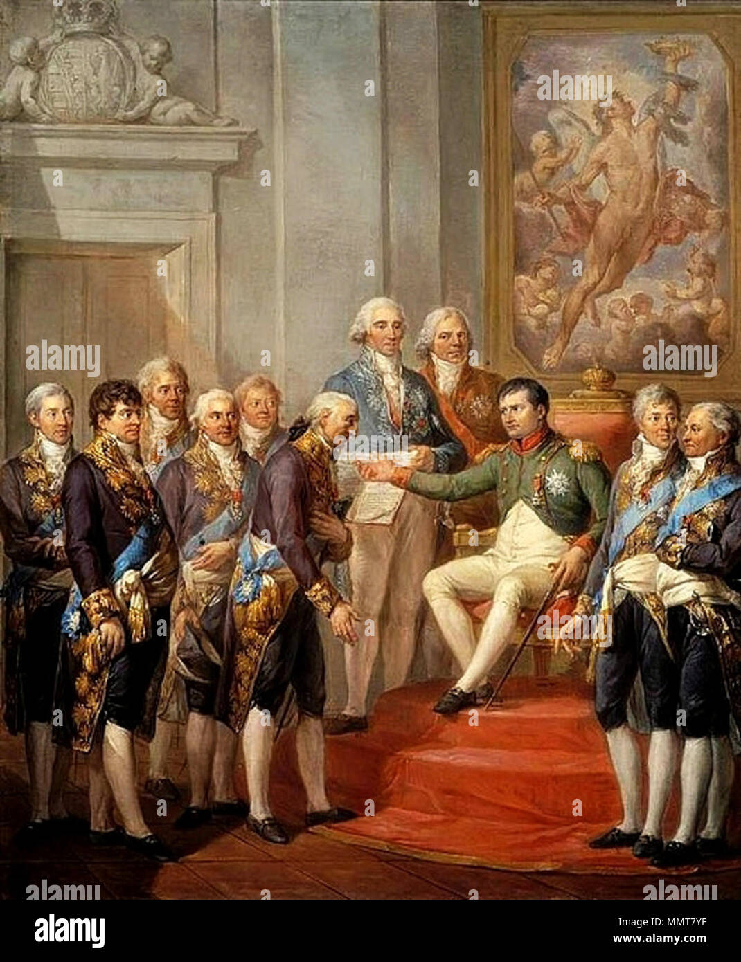 . Portrait de Napoléon, Talleyrand, Hugues-Bernard Maret, duc de Bassano, Stanisław Małachowski, Ludwik Szymon Gutakowski, Stanisław Kostka Potocki, Józef Wybicki, Ksawery Działyński, Paweł Bieliński, Władysław Sobolewski, Juliusz Łuszczewski. L'octroi de la constitution du Duché de Varsovie par Napoléon, 22 VII 1807.. 1811. L'octroi de la Constitution Bacciarelli Banque D'Images