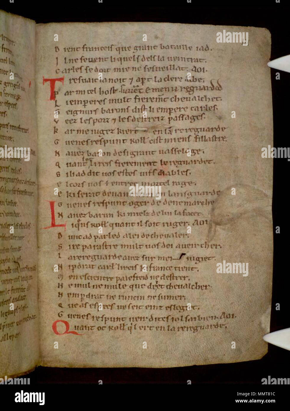 . Partie 2, La Chanson de Roland, au 12ème siècle, de style anglo-normand, ? 2ème trimestre. Partie 1 léguée, peut-être déjà lié à la partie 2, à l'abbaye près de Oxford Osney par maître Henry de Langley, d. 1263( ?). ; 14r La Chanson de Roland. 1125. Les bibliothèques Bodleian, La Chanson de Roland 14r Banque D'Images