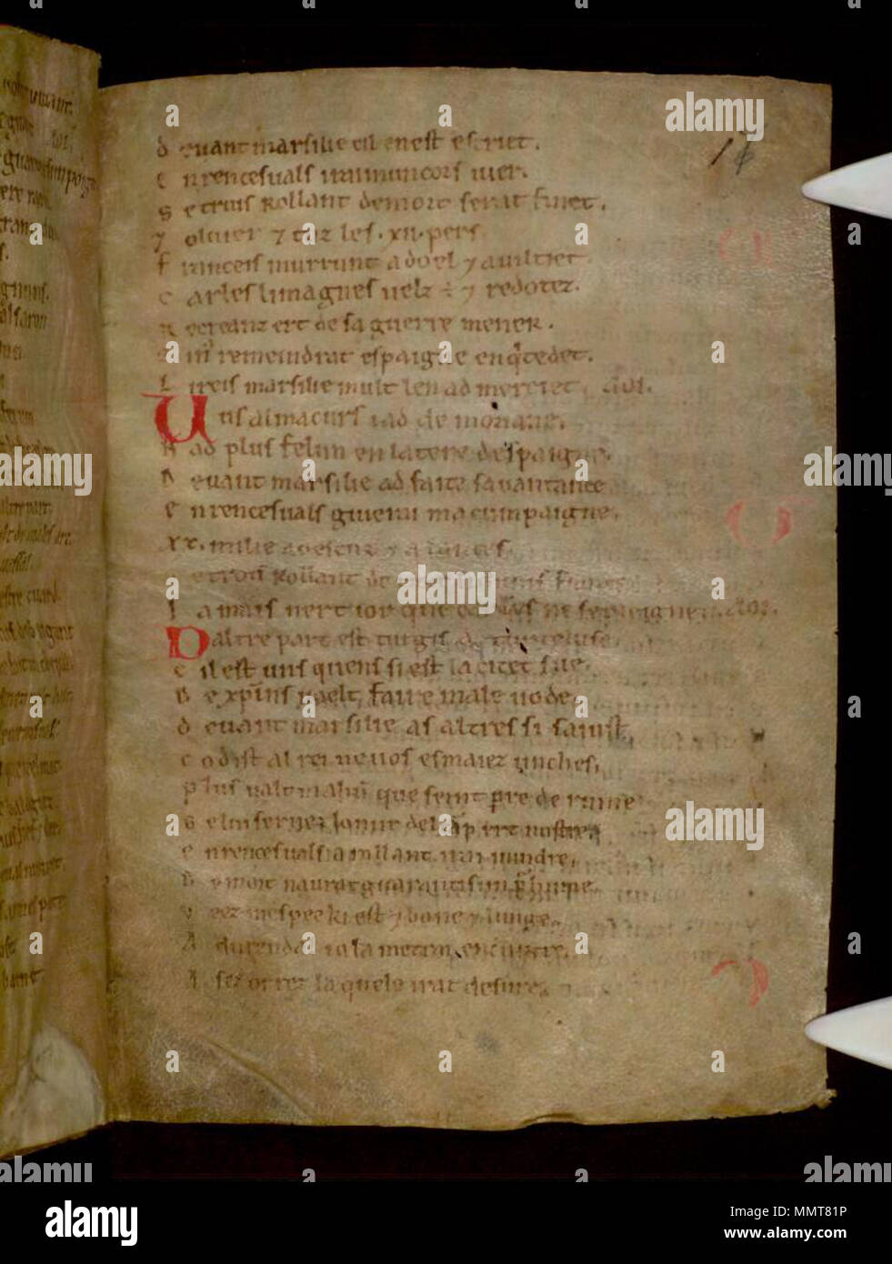 . Partie 2, La Chanson de Roland, au 12ème siècle, de style anglo-normand, ? 2ème trimestre. Partie 1 léguée, peut-être déjà lié à la partie 2, à l'abbaye près de Oxford Osney par maître Henry de Langley, d. 1263( ?). ; 17r La Chanson de Roland. 1125. Les bibliothèques Bodleian, La Chanson de Roland 17r Banque D'Images