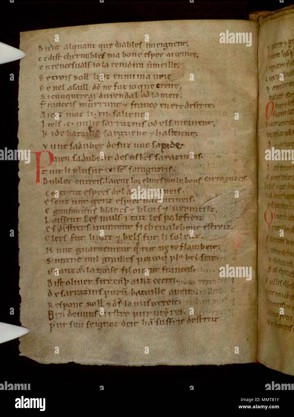 . Partie 2, La Chanson de Roland, au 12ème siècle, de style anglo-normand, ? 2ème trimestre. Partie 1 léguée, peut-être déjà lié à la partie 2, à l'abbaye près de Oxford Osney par maître Henry de Langley, d. 1263( ?). ; 18v La Chanson de Roland. 1125. Les bibliothèques Bodleian, La Chanson de Roland 18v Banque D'Images