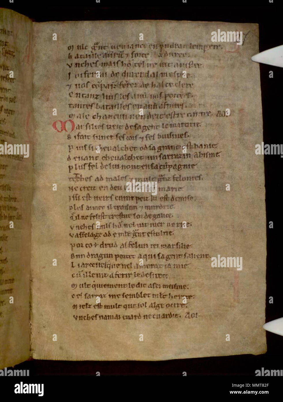 . Partie 2, La Chanson de Roland, au 12ème siècle, de style anglo-normand, ? 2ème trimestre. Partie 1 léguée, peut-être déjà lié à la partie 2, à l'abbaye près de Oxford Osney par maître Henry de Langley, d. 1263( ?). ; 27r La Chanson de Roland. 1125. Les bibliothèques Bodleian, La Chanson de Roland 27r Banque D'Images