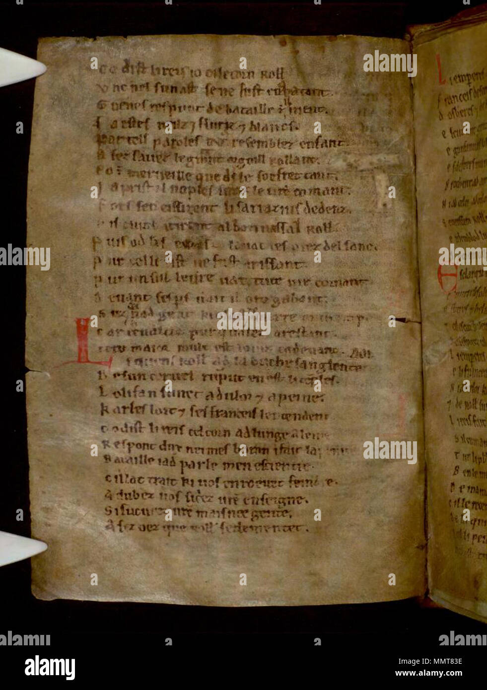 . Partie 2, La Chanson de Roland, au 12ème siècle, de style anglo-normand, ? 2ème trimestre. Partie 1 léguée, peut-être déjà lié à la partie 2, à l'abbaye près de Oxford Osney par maître Henry de Langley, d. 1263( ?). ; 32 v La Chanson de Roland. 1125. Les bibliothèques Bodleian, La Chanson de Roland 32 v Banque D'Images