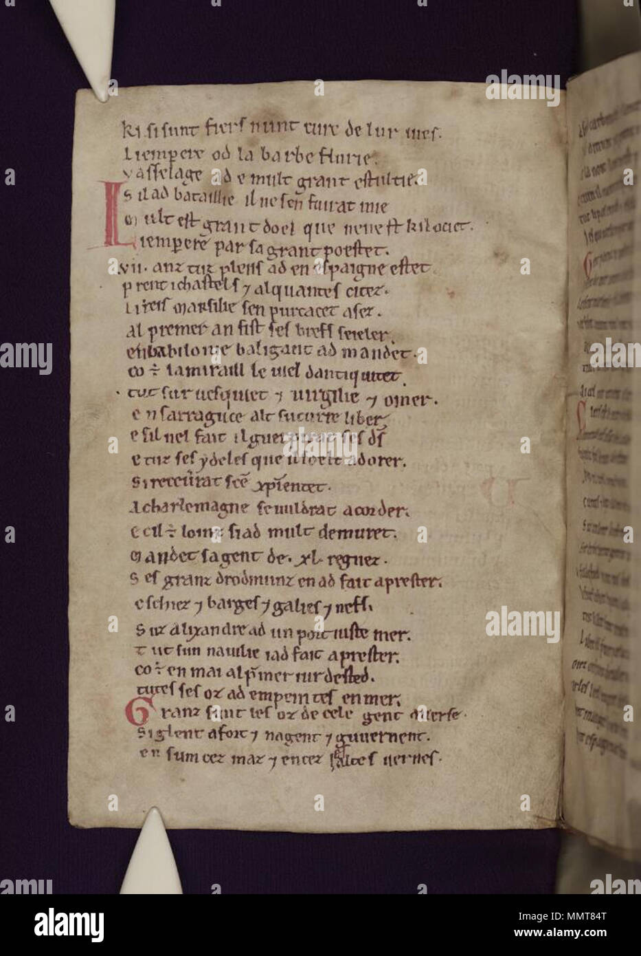 . Partie 2, La Chanson de Roland, au 12ème siècle, de style anglo-normand, ? 2ème trimestre. Partie 1 léguée, peut-être déjà lié à la partie 2, à l'abbaye près de Oxford Osney par maître Henry de Langley, d. 1263( ?). ; 47v La Chanson de Roland. 1125. Les bibliothèques Bodleian, La Chanson de Roland 47v Banque D'Images