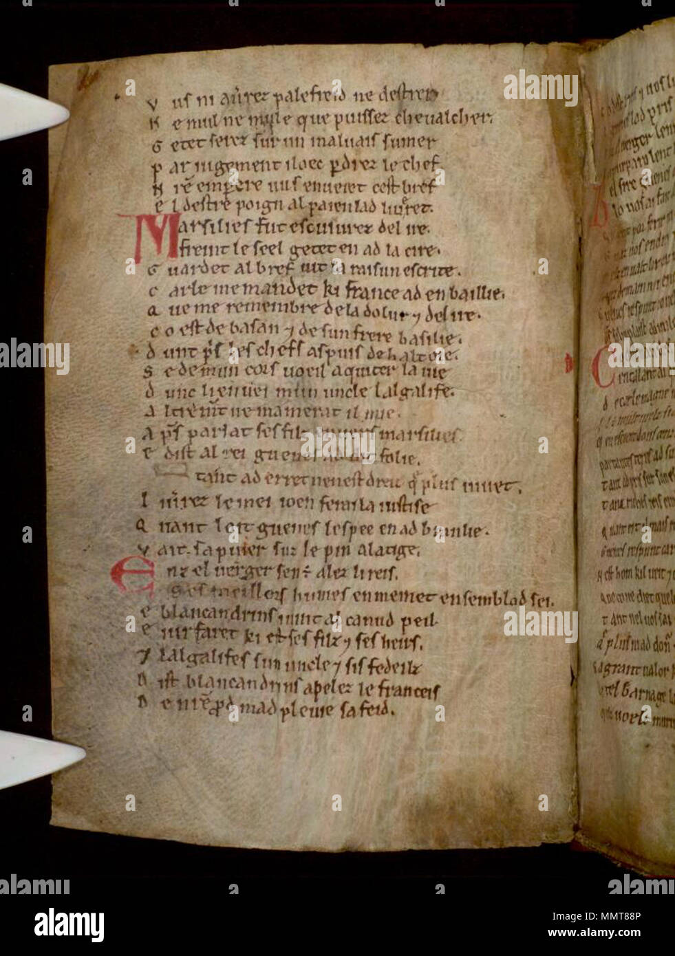 . Partie 2, La Chanson de Roland, au 12ème siècle, de style anglo-normand, ? 2ème trimestre. Partie 1 léguée, peut-être déjà lié à la partie 2, à l'abbaye près de Oxford Osney par maître Henry de Langley, d. 1263( ?). ; 9v La Chanson de Roland. 1125. Les bibliothèques Bodleian, La Chanson de Roland 9v Banque D'Images