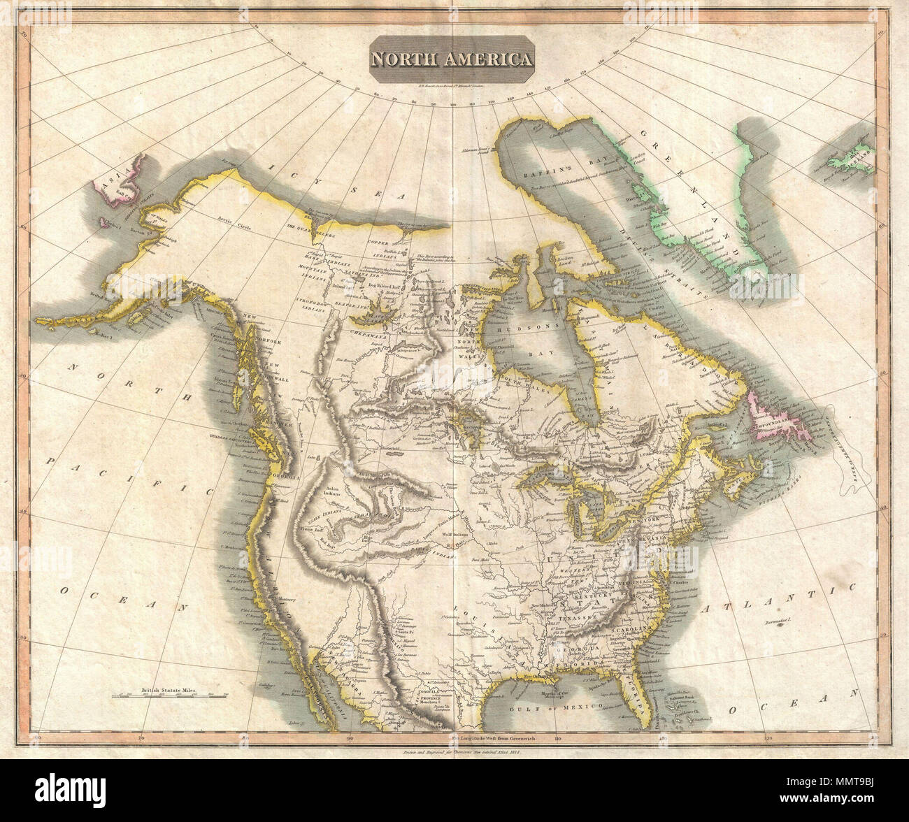 . Anglais : Ce beau site est John Thomson est important 1814 Interprétation de l'Amérique du Nord. Cette carte couvre de la mer de l'Arctique vers le sud jusqu'à la pointe sud de la Floride et le nord du Mexique. Cartographique Thomson s'inspire fortement de l'explorations de Samuel Herne, Alexander MacKenzie, Louis et Clark, David Thomson, et autres. Cette carte offre naturellement un niveau de détail impressionnant tant en ce qui concerne les plus connu dans certaines régions des États-Unis situé à l'est du Mississippi ainsi que dans les provinces au nord contrôlé par les Britanniques de la rivière Missouri. Les Grands Lacs ainsi que la plupart de Banque D'Images