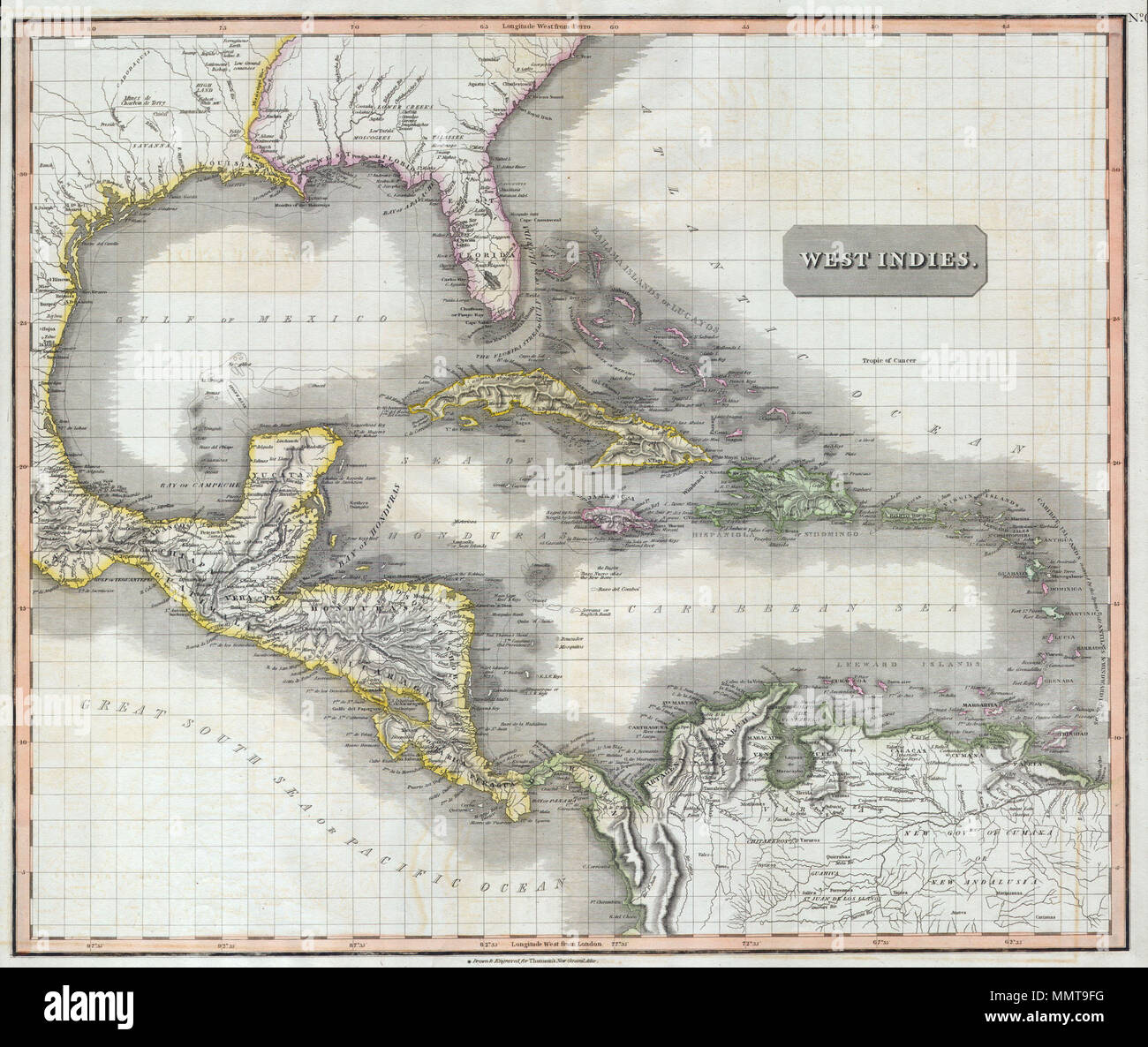 . Anglais : un chef-d'oeuvre. Cette fascinante colorié à la main une carte de 1814 par John Thomson cartographe Édimbourg illustre les Antilles et l'Amérique centrale. Capots de la Caroline du Sud, au Texas, au Mexique et en Amérique centrale à la partie nord de l'Amérique du Sud en ce qui concerne le Venezuela et l'Orinoco Delta. Inclut toutes les Antilles, les îles y compris les Caraïbes et la grande et de la Petite Italie. Détails extraordinairement avec notes sur les caractéristiques physiques et politiques, ainsi que des éléments sous-marins, des banques et des hauts-fonds. Notates plusieurs tribus indiennes d'Amérique du Nord et du Sud Am Banque D'Images