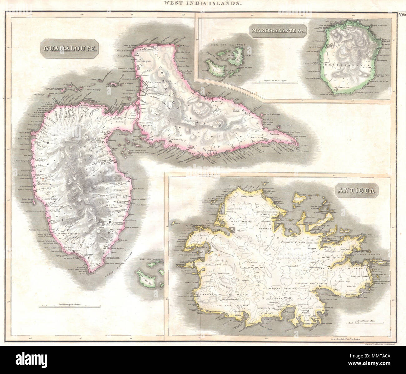 . Anglais : une belle couleur main 1815 Carte de l'ouest de l'Inde îles d'Antigua, la Guadeloupe et Marie Galante. Représente les îles très en détail avec l'attention sur les rivières, la topographie, les villes et les villages, et les grandes villes portuaires. Publiée en tant que graphique numéro 65 dans l'1814-1815 Impression de John Thomson's New Atlas général . Gravée par James Kirkwood d'Édimbourg, en Écosse. Français : Carte couleur finement dessinée à la main, en 1815, des îles antillaises de la Guadeloupe, de Marie-Galante et d'Antigua. Ces îles identifies elle de façon très détaillée, incluant les rivières et la topographie des vil Banque D'Images