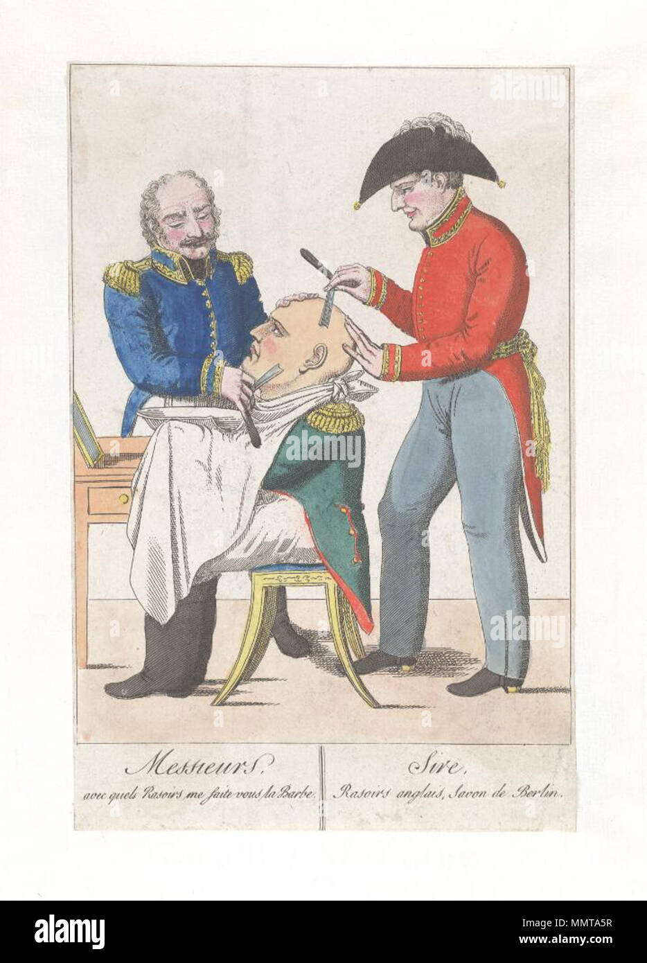 . Caricature politique française Messieurs, avec quels rasoirs moi faite vous la barbe. Sire, rasoirs anglais, savon de Berlin.. 1815. Les bibliothèques Bodleian, Messieurs, avec quels rasoirs moi faite vous la barbe Sire, rasoirs anglais, savon de Berlin Banque D'Images