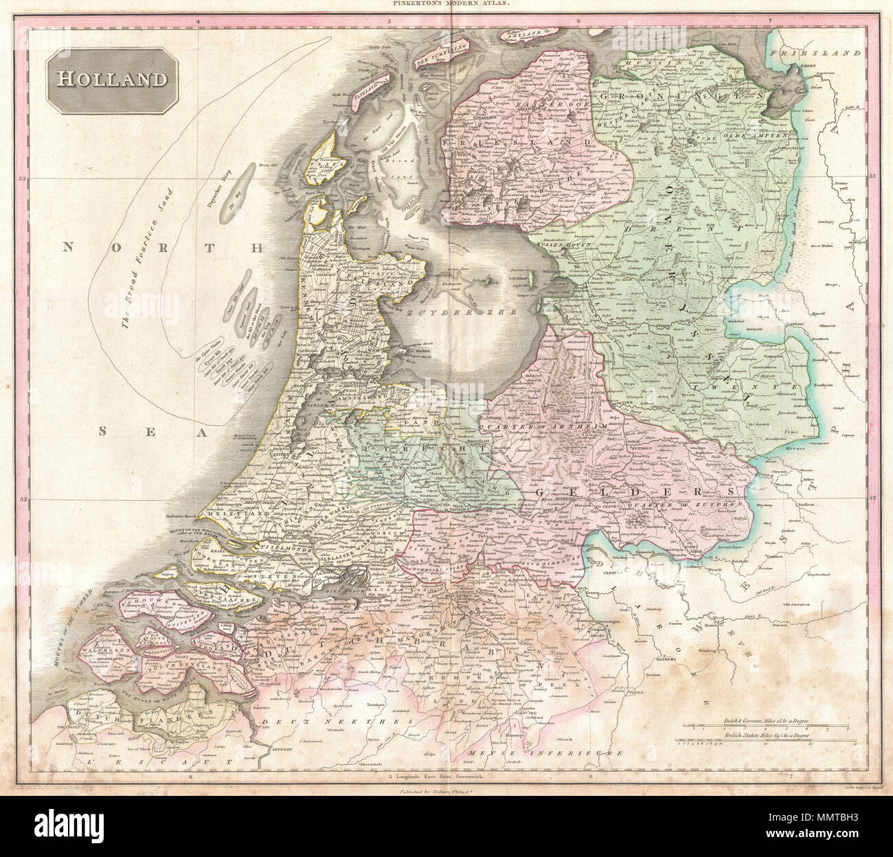 Anglais : Pinkerton 1818 extraordinaire plan de Hollande. Couvre ce qui est  aujourd'hui essentiellement entre les Pays-Bas, la Belgique et l'Allemagne.  Sous-marine offre une excellente précision sur divers hauts-fonds et autres