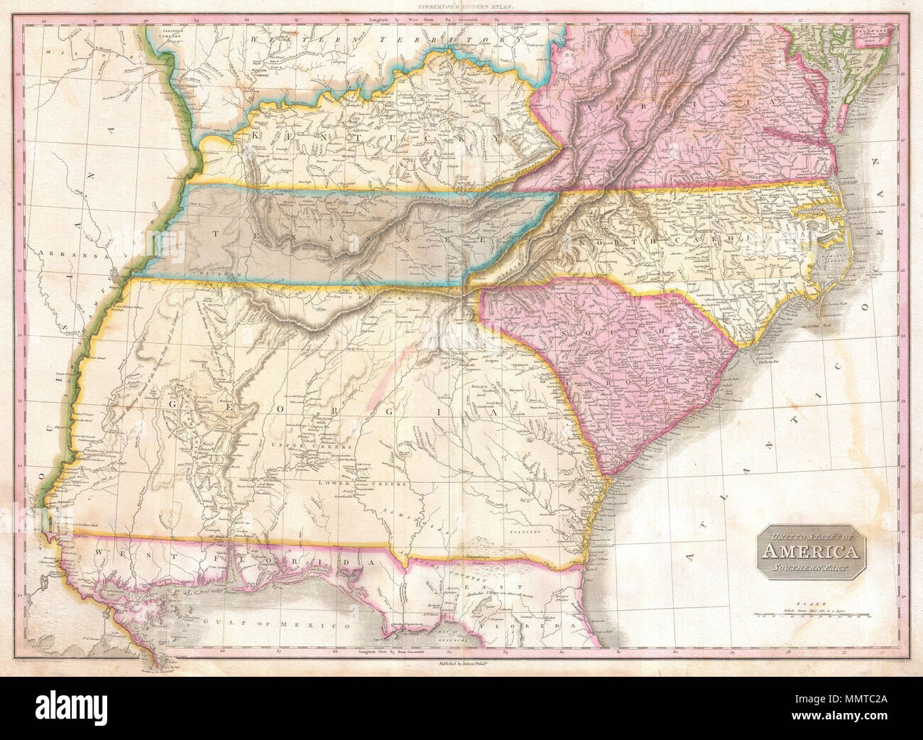 . Anglais : un rare et important 1818 Carte de la partie sud-est des États-Unis. Montre de la rivière Mississippi à l'est pour le Pacifique, s'étend au nord jusqu'à New York et au sud jusqu'en Floride et le Delta du Mississipi. Cette carte a été créé pendant la période de transition de l'expansion peu après la guerre de la Révolution américaine. Montre de la Virginie, du Kentucky, Tennessee, Caroline du Nord, Caroline du Sud et la Géorgie. Est antérieure à la formation de l'Ohio, l'Illinois, l'Indiana et de l'Alabama. La Floride n'était pas encore partie de l'United States mais inscrivez-vous un an après cette carte a été imprimée en 1819 Banque D'Images