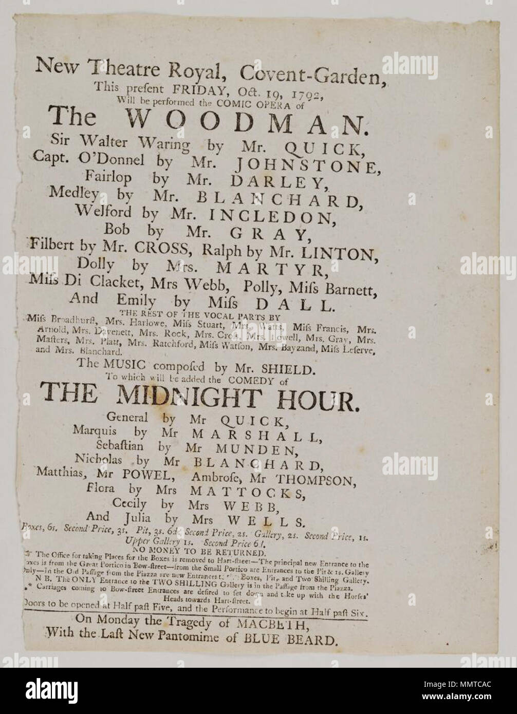 . Playbill de Covent Garden, le vendredi, Octobre 19, 1792, annonçant la woodman Woodman, &c. ; heure de minuit ; Macbeth ; barbe bleue ; [Playbill de Covent Garden, le vendredi, Octobre 19, 1792, annonçant la woodman &c.] [Programme de Covent Garden, le vendredi, Octobre 19, 1792, annonçant la woodman &c.]. 19 octobre 1792. Covent Garden Theatre [author] Bibliothèques Bodleian, Playbill de Covent Garden, le vendredi, Octobre 19, 1792, annonçant la woodman &amp;c. Banque D'Images