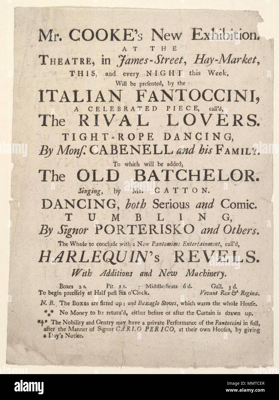 . Playbill de Haymarket Theatre ?, annonçant une nouvelle exposition et diverses animations ; Les boîtes sont montés vers le haut ; et Buzaglo poêles, qui réchauffent l'ensemble de l'Assemblée... La noblesse et la gentry peut avoir un rendement privé de l'Fantoccini dans sa totalité, après la manière de Signor Carlo Perico, à leurs propres maisons, en donnant un préavis d'un jour ; Nouvelle Exposition ; les amateurs de rival ; la danse de la corde raide ; vieux batchelor ; chanter, danser, Tumbling, à la fois sérieux et comique ; l'Arlequin se délecte ; [Playbill de Haymarket Theatre ?, annonçant une nouvelle exposition et diverses animations ] [Programme d'Haymarket Theatre ?, anno Banque D'Images
