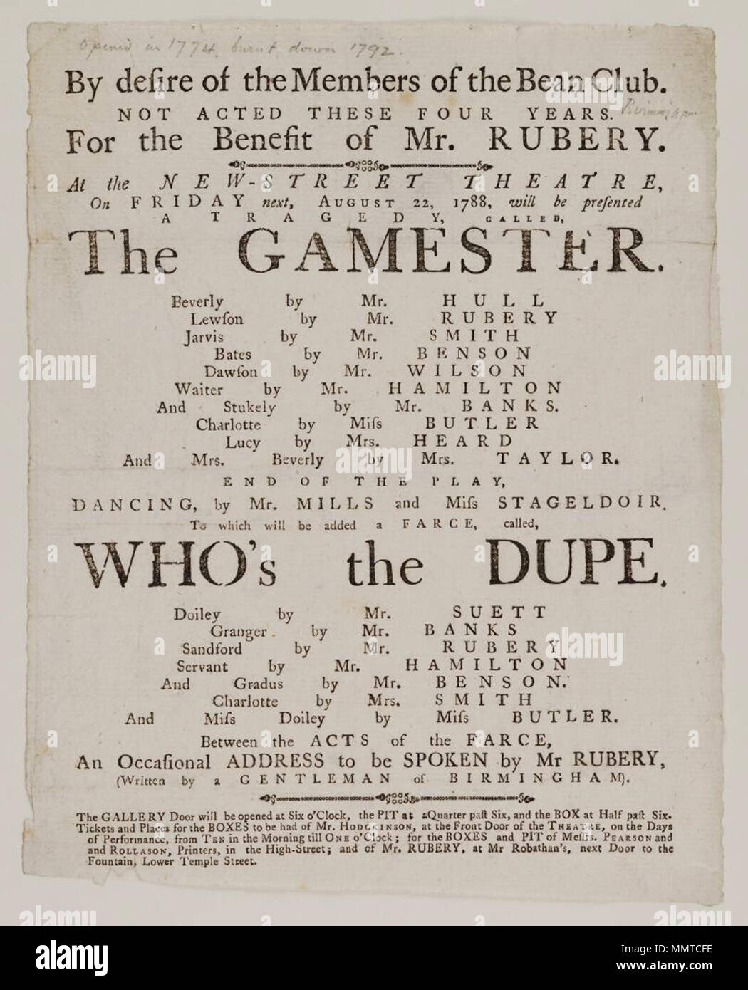 . New-Street affiche de théâtre, le vendredi 22 août 1788, annonçant le gamester &c. au profit de M. Rubery ; note au crayon en haut de bill :'a ouvert ses portes en 1774, a brûlé 1792' ; Gamester ; danse ; qui est la dupe ; [Playbill de New-Street Théâtre, vendredi, 22 août 1788, annonçant le gamester &c.] [Programme d'New-Street Théâtre, vendredi, 22 août 1788, annonçant le gamester &c.]. 22 août 1788. Nouveau théâtre de rue (Birmingham, Angleterre) [Auteur] Bibliothèques Bodleian, Playbill de New-Street Théâtre, vendredi, 22 août 1788, annonçant le gamester &amp;c. Banque D'Images