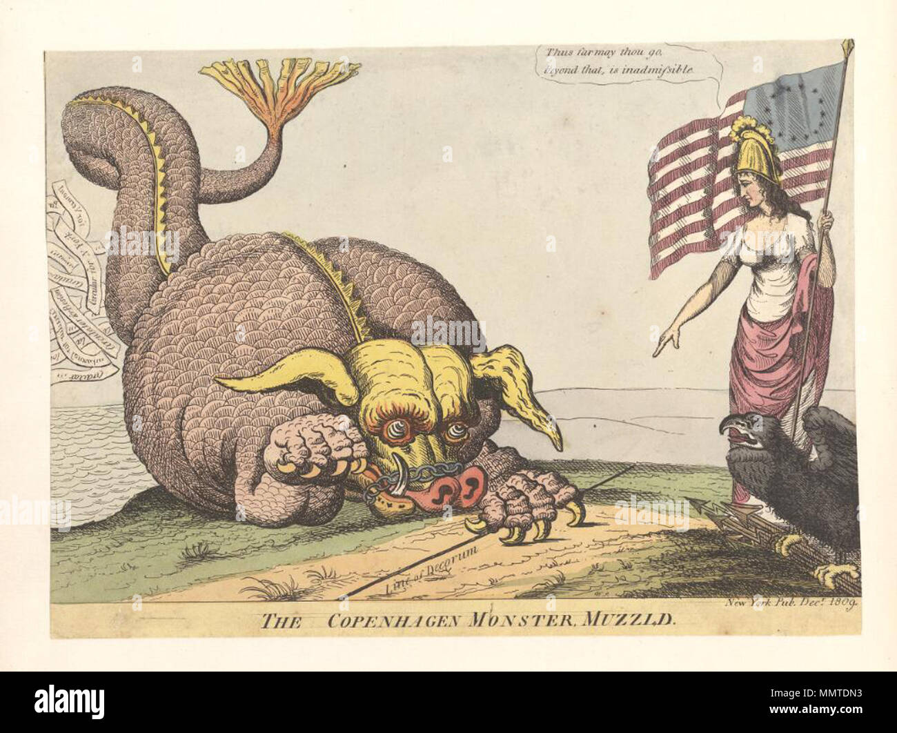 . Caricatures politiques américains le monstre de Copenhague. muzzld. Décembre 1809. Les bibliothèques Bodleian, le muzzld monster Copenhague Banque D'Images