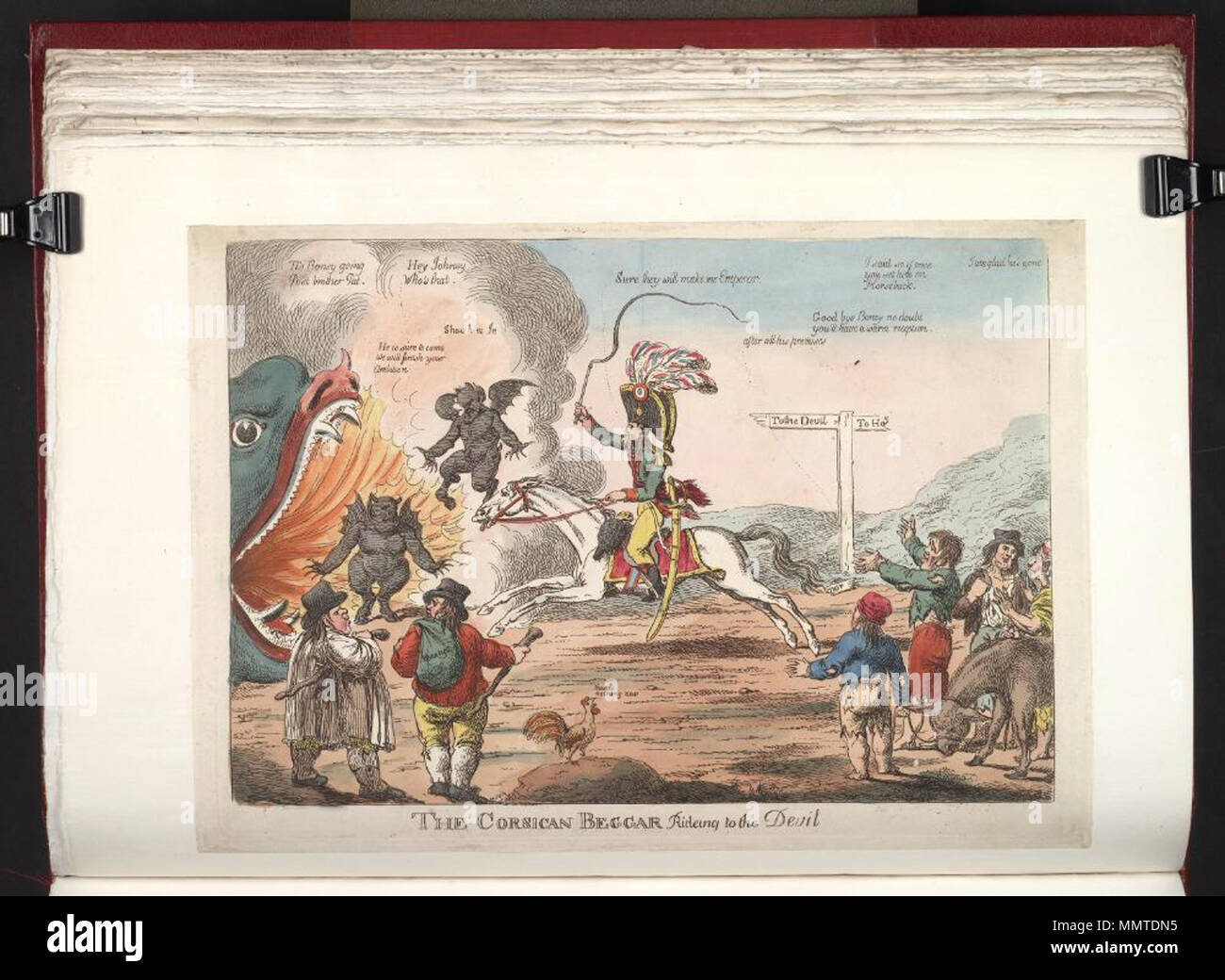 . Caricature de Napoléon I. (British caricature politique) ; Napoléon, un chiffre dans un chapeau avec une grande gansée, galope vers l'enfer sur un cheval blanc, en disant qu'ils vont me faire empereur. John Bull et frère Pat watch. Derrière Napoléon sont déchirées, peuple de France. ; Mentions Légales abîmé. Mentions légales, la date, et l'artiste de BMC. Le mendiant Corse and rideing au diable. 13 juin 1803. Les bibliothèques Bodleian, le mendiant Corse and rideing au diable Banque D'Images