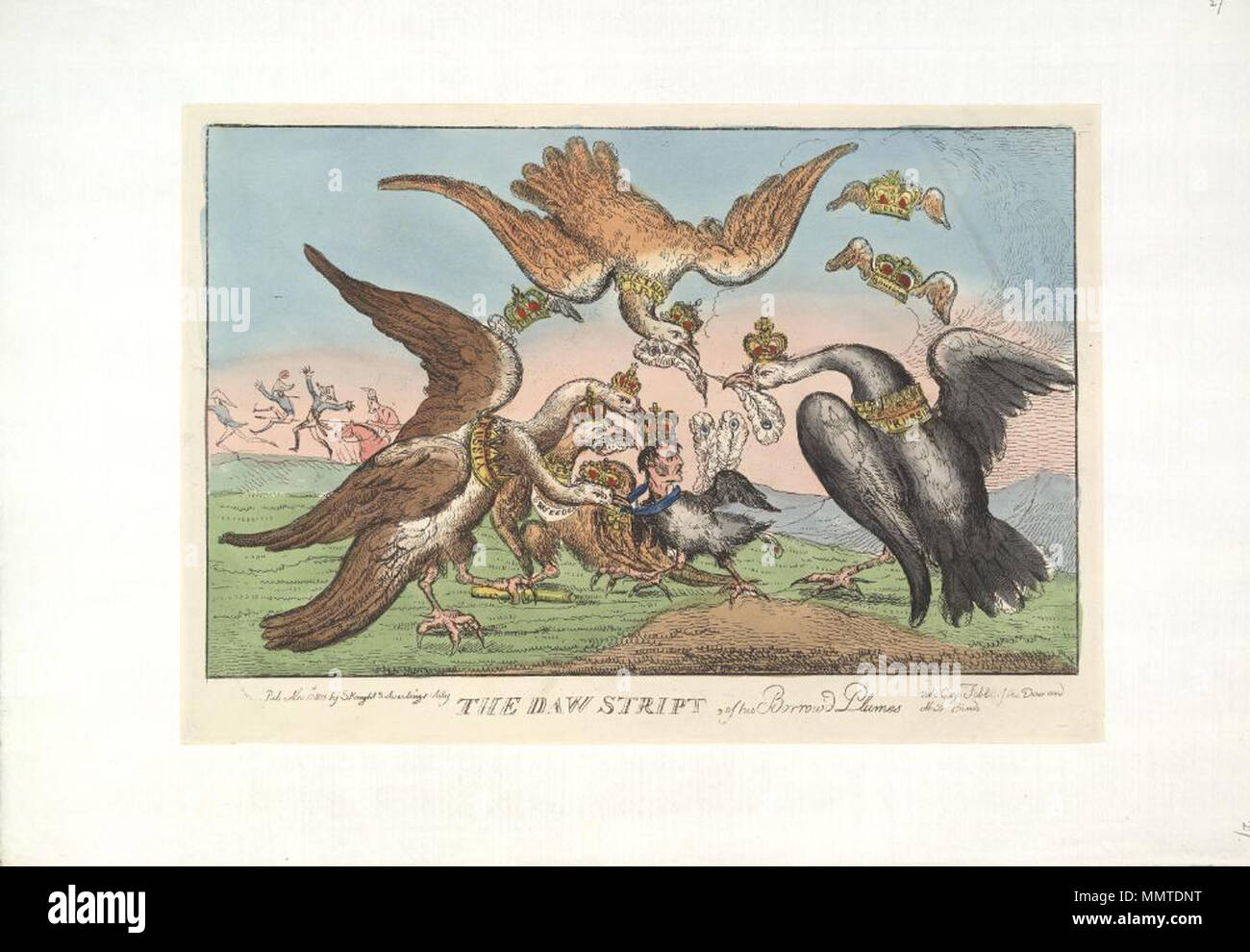 . Caricature de Napoléon I. (British caricature politique) ; la satire de la bataille de Leipzig, 16-18 oct., russe, suédois et autrichien, prussien de eagles du choucas Napoléon de plumes d'autruche emprunté portant la cocarde française. ; Attribution de BMC La daw, stript de son emprunter avait panaches. 10 novembre 1813. Les bibliothèques Bodleian, le daw, stript de ses panaches avait emprunter Banque D'Images