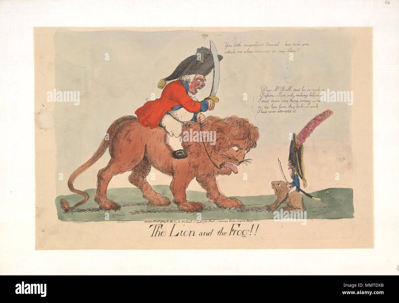 . La satire de la peur de l'invasion française, 1794-1805. (La caricature politique) ; John Bull, en uniforme militaire et monté sur un lion, confronte Napoléon, monté sur une grenouille. ; numérotées dans l'encre rouge : 80. Bee stamp [Portrait] Le lion et la grenouille ! !. 30 juillet 1803. Les bibliothèques Bodleian, le lion et la grenouille Banque D'Images