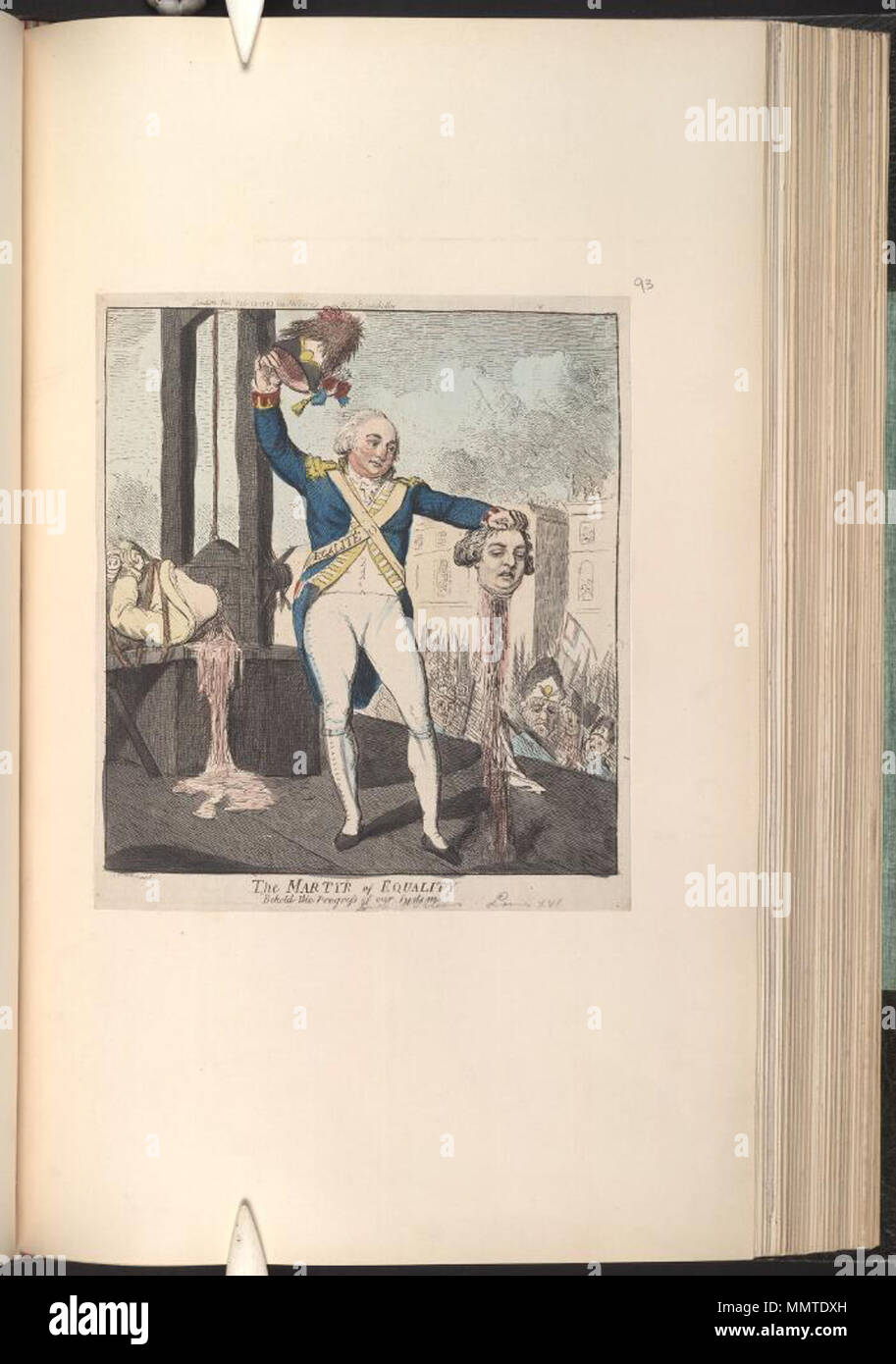 . La satire de la Révolution française. (La caricature politique) ; Le Duc d'Orléans (rebaptisé Philippe-Egalité), se dresse sur l'échafaud tenant la tête coupée de Louis XVI jusqu'à la foule. ; pas de BMC. La composition est presque l'inverse de Curzon b.14(93). Le martyr de l'égalité. : Voici l'évolution de notre système. 11 février 1793. Les bibliothèques Bodleian, le martyr de l'égalité- Voici les progrès de notre système Banque D'Images