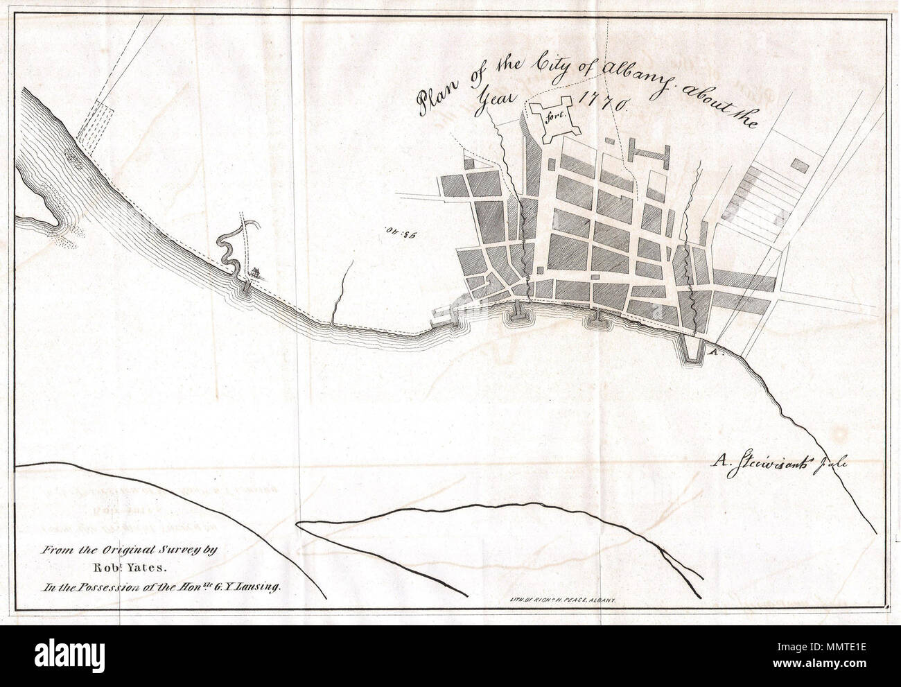 Anglais : c'est une fascinante 1770 Plan de la ville d'Albany, capitale de  l'état de New York. La carte a été tiré d'une enquête originale de Robert  Yates à partir de