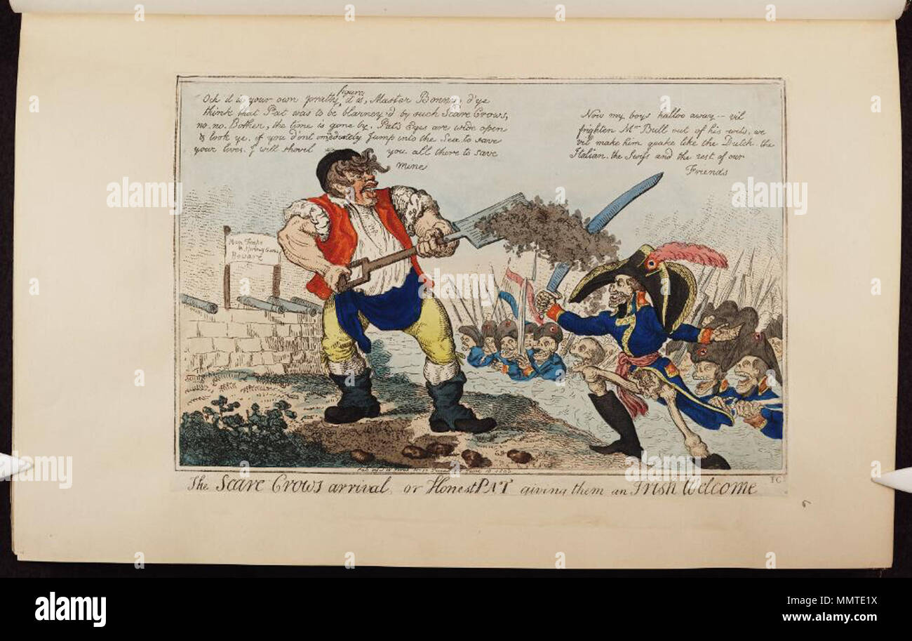 . La satire de la peur de l'invasion française, 1794-1805. (La caricature politique) ; les Français ont essayé d'aider la rébellion irlandaise de 1798. La révolte d'Emmet allait éclater en juillet de 1803. Cette caricature dépeint l'irlandais comme farouchement loyaux. Un Irlandais, dans l'acte de creuser les pommes de terre, jette de la terre sur les troupes françaises du squelette à l'atterrissage sur la côte. Derrière lui, c'est une fortification garnie de canons et un signe de l'avertissement 'Français', 'Mlecture braconniers un pièges et fusils à ressort. Attention'. Krumbhaar 1052 ; la peur, ou l'arrivée des corbeaux : honnête Pat leur donnant un accueil irlandais. 10 juin 1803. Bodleian Librari Banque D'Images