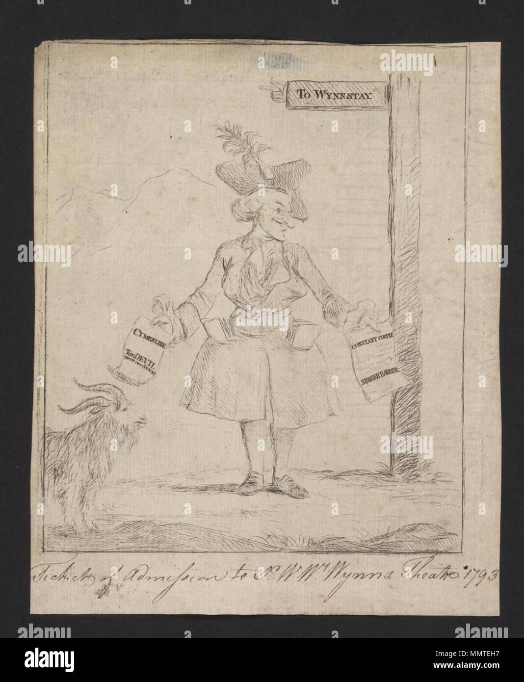 . Dessin du théâtre Wynnstay, [1793], annonçant Cymbeline ; dessin manuscrit pour ticket imprimé (imprimé à l'arrière) ; Cymbeline ; Devil sur deux bâtons ; couple constant ; espagnol coiffure ; [Ticket d'admission dans le Dr W.W. Wynn's theatre 1793] [Billet d'admission au Dr W.W. Wynn's theatre 1793]. [1793]. Théâtre Wynnstay ([Ruabon], Pays de Galles) [Auteur] Bibliothèques Bodleian, billet d'admission au Dr W.W. Wynn's theatre 1793 Banque D'Images