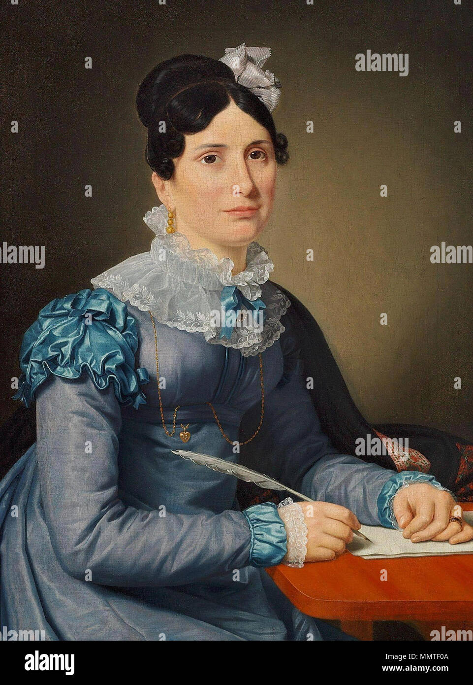 Christoffer Wilhelm Eckersberg - Portraet af Sarah Wolff f. J'Cruttendon siddende skrivende kjole blå, et brev Banque D'Images