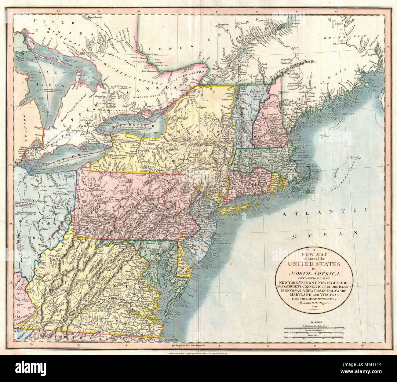 . Anglais : Publié par John Cary en 1821, c'est l'une des plus intéressantes cartes de l'atlas des régions du nord-est des États-Unis à apparaître au début du 19e siècle. Centré sur New York et Washington, Cary's carte couvre le sud du lac Huron jusqu'en Virginie et en Caroline du nord et vers l'Est jusqu'à l'océan Atlantique. Cette carte comprend les états du Maine, New Hampshire, New York, Vermont, Massachusetts, Connecticut, Rhode Island, Connecticut, New Jersey, Maryland, Delaware, Virginie, Virginie de l'Ouest et de l'Ohio ainsi que certaines parties de l'Ontario et du Québec. Plus l'intere Banque D'Images