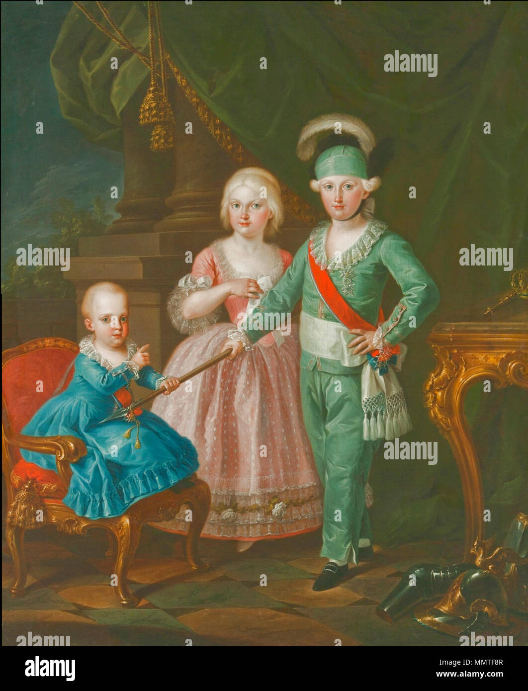 . Italiano : portrait de Francisco (1757-1771), Maria Luisa (1745-1792) et Charles de Bourbon (1748-1819). . 18e siècle. Bonito - Carlo, Maria Luisa e Francesco Saverio di Borbone Banque D'Images