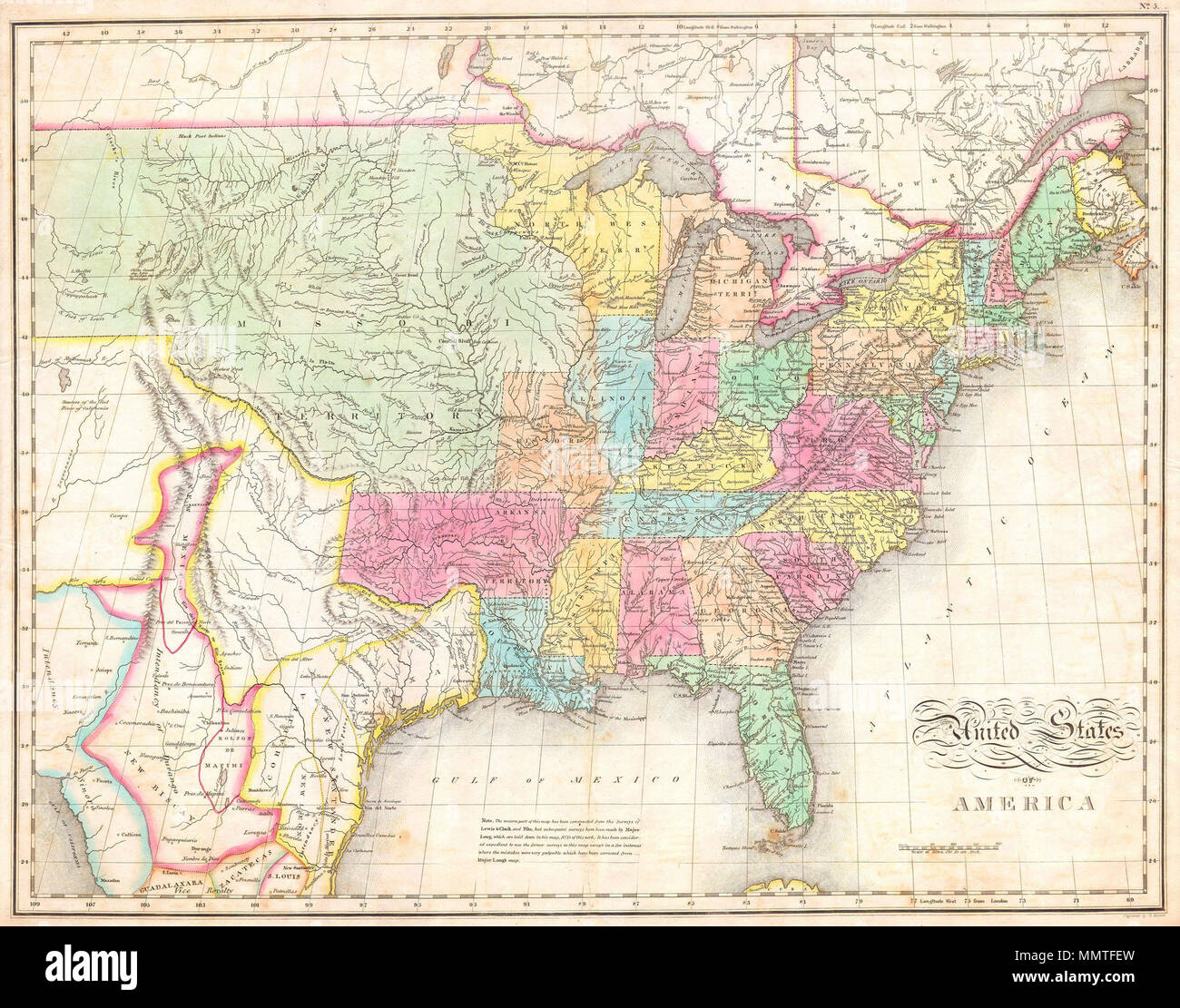 . Anglais : l'un des plus importants American cartes des États-Unis à apparaître au début du 19e siècle. Représente les États-Unis et le Mexique à peu près de l'Atlantique à la région juste à l'ouest des montagnes Rocheuses, y compris l'immense territoire du Missouri, du Texas et du Mexique. Cette carte a été produite par l'action conjointe de trois importants cartographes américains : John Melish, Benjamin Tanner, et Mathew Cary. Il tire son origine dans le format de poche 1812 Melish carte des États-Unis. Au cours des quinze dernières années, le site serait mis à jour, révisé et amélioré pour divers reiss Banque D'Images